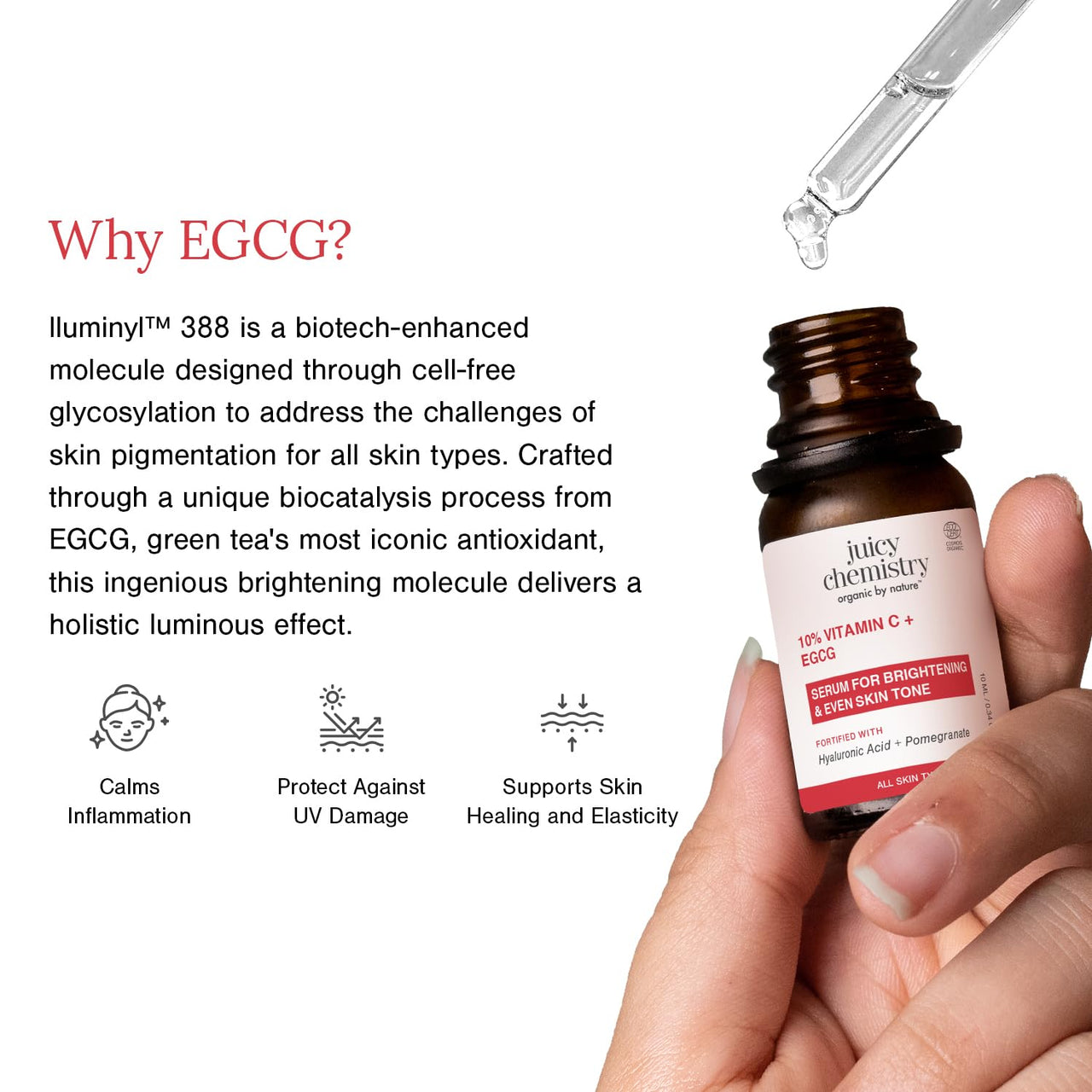 Juicy Chemistry 10% Vitamin C + EGCG Serum, 10 ml | Face Serum for Glowing Skin with Hyaluronic Acid | Fades Dark Spots, Pigmentation & Brightens Skin | Beginner Friendly - Men & Women