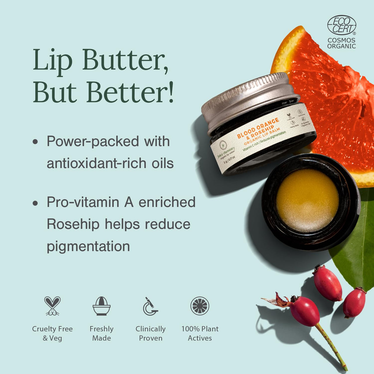 Juicy Chemistry Iconic Lip Duo Kit - Blood Orange & Rosehip Lip Balm, 5 g & Blood Orange & Rosehip Lip Scrub, 10 g | Enriched with Natural Ceramides to Exfoliate, Hydrate & Moisturise Lips