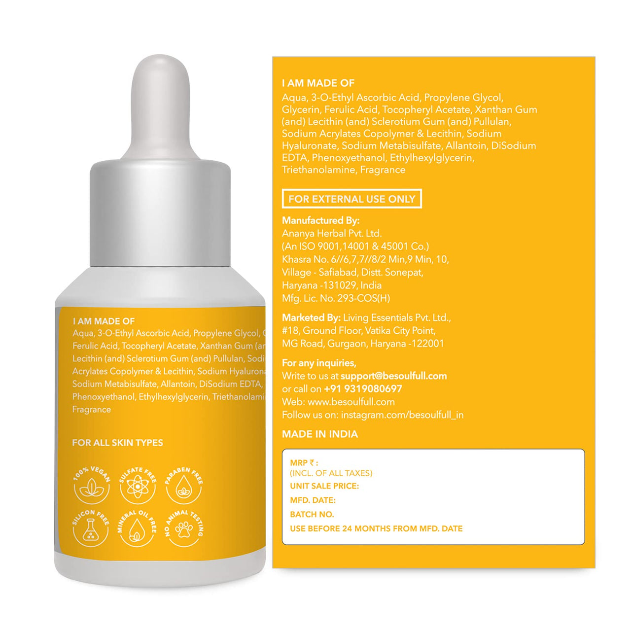 BE SOULFULL 15% Vitamin C Serum with 0.5% Ferulic Acid & 0.5% Vitamin E for Glowing Skin-Skin Brightening Serum-Antioxidant Serum-Reduce Wrinkles & Dark Spots, 30ml / 1.01 Fl Oz