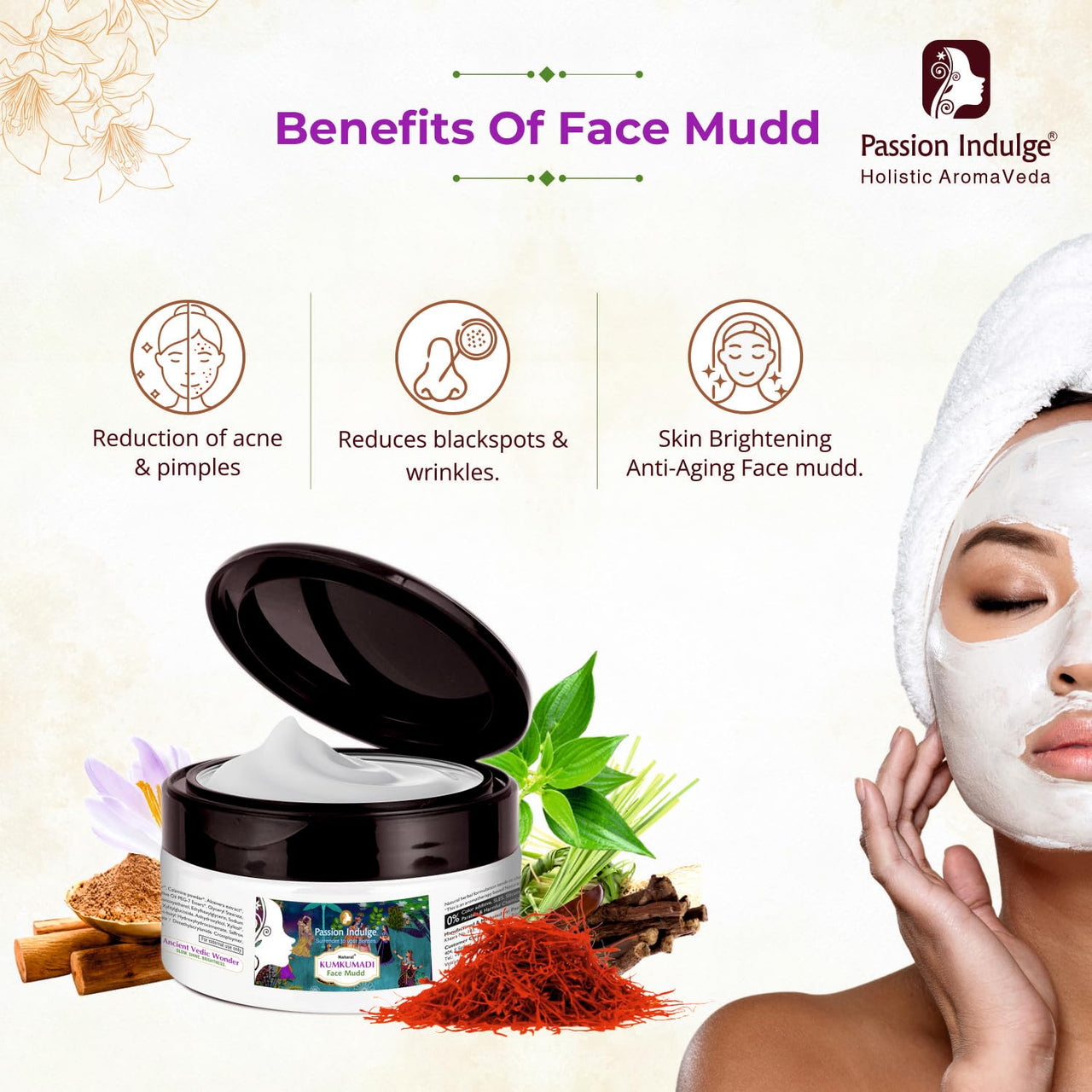 Passion Indulge Kumkumadi Natural Handmade Bath Bar & Kumkumadi Natural Face Mudd Pack (250 gm) For Skin Glow, Shine & Brightness with Saffron, Vetiver Oil and 16 Herbs