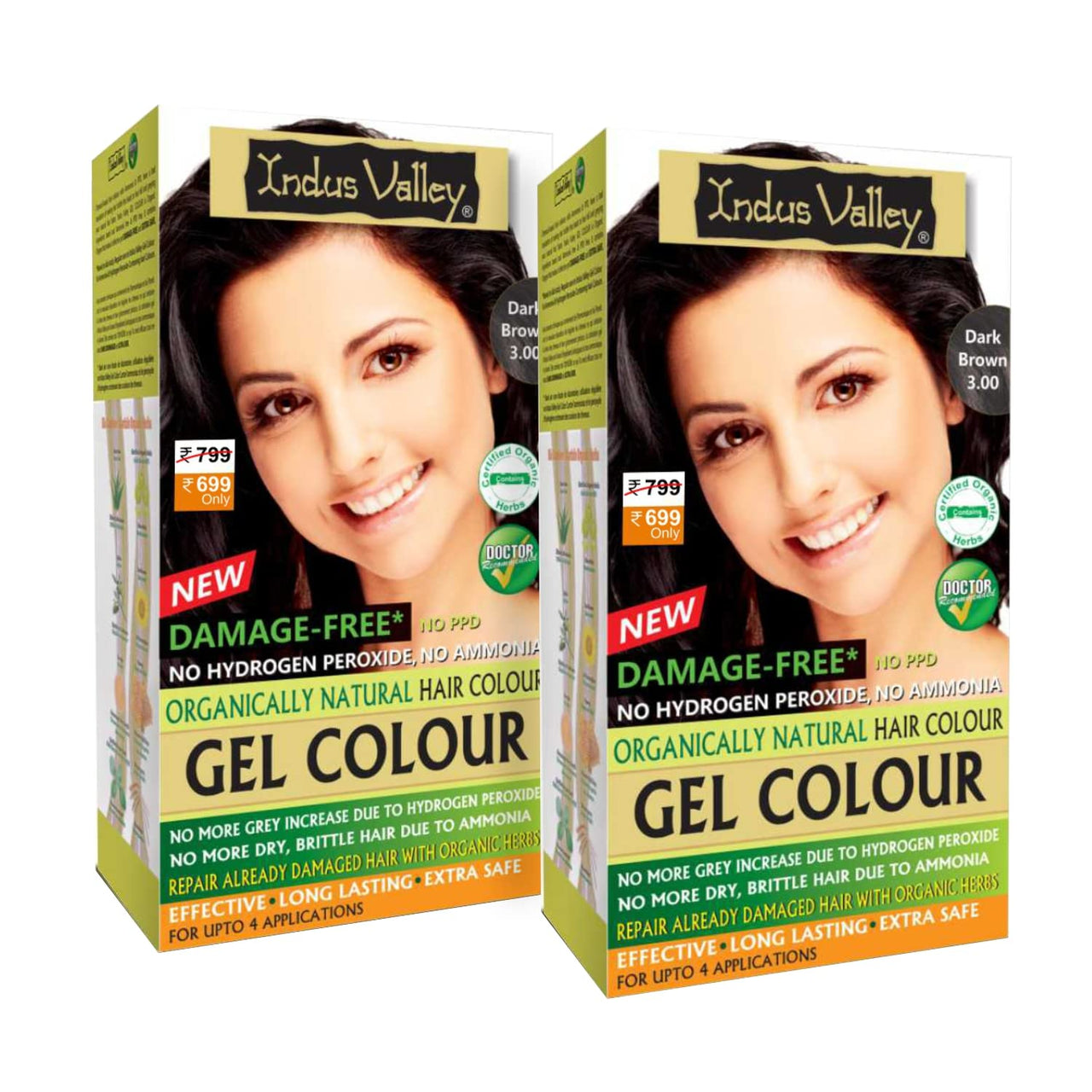 INDUS VALLEY Damage Free Natural Gel Hair Colour for Women | Ammonia & PPD Free Organic Hair Colour with 100% Grey Coverage, Long Lasting Conditioning Hair Color | Dark Brown 3.00 - Pack of 2 (2x220 = 400 ml)