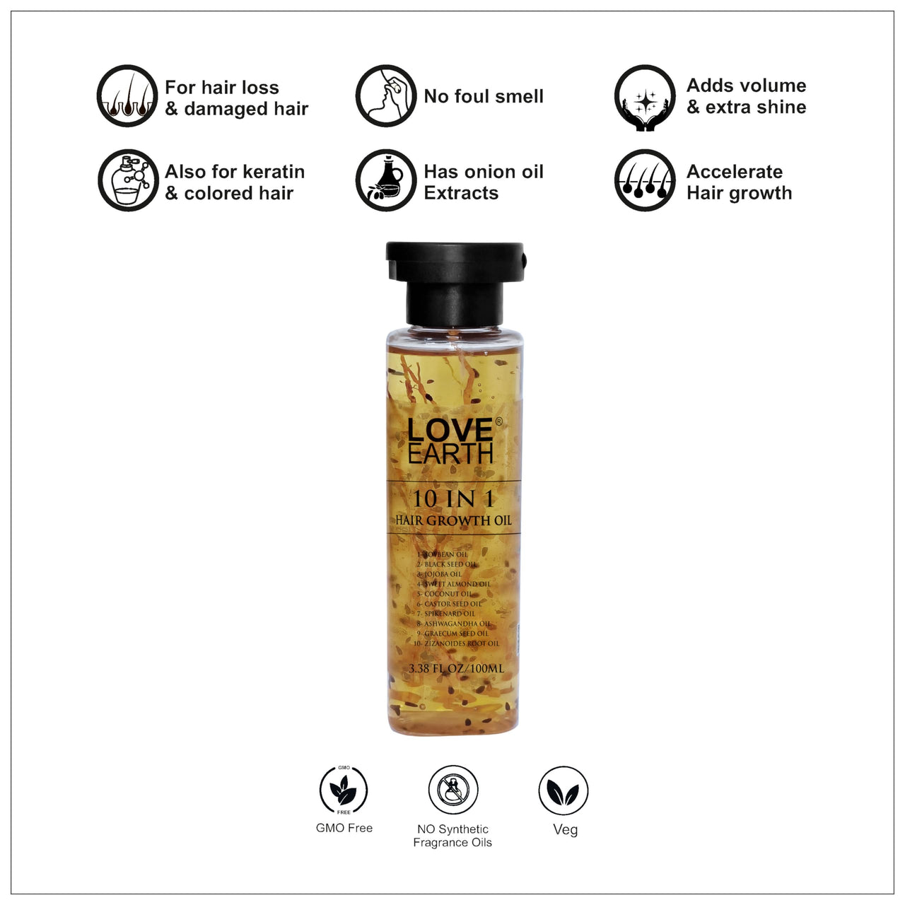 Love Earth 10 In 1 Hair Growth Oil|Soybean Oil, Black Seed Oil, Jojoba Oil, Sweet Almond Oil, Coconut Oil, Castor Seed Oil, Spikenard Oil, Ashwagandha Oil, Graecum Seed Oil, Zizanoides Root Oil|100ml