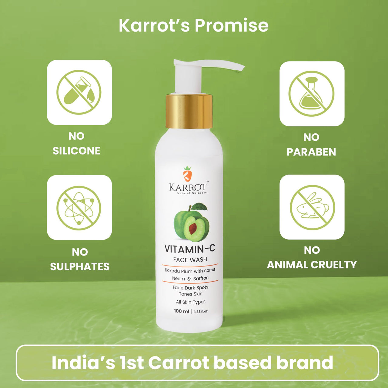 Karrot Natural Skincare Vitamin C Face Wash, Tones Skin and Fades Dark Spots, Kakadu Plum with Carrot, Neem and Saffron, SLS and Paraben Free, Ideal for Men and Women, 100ml