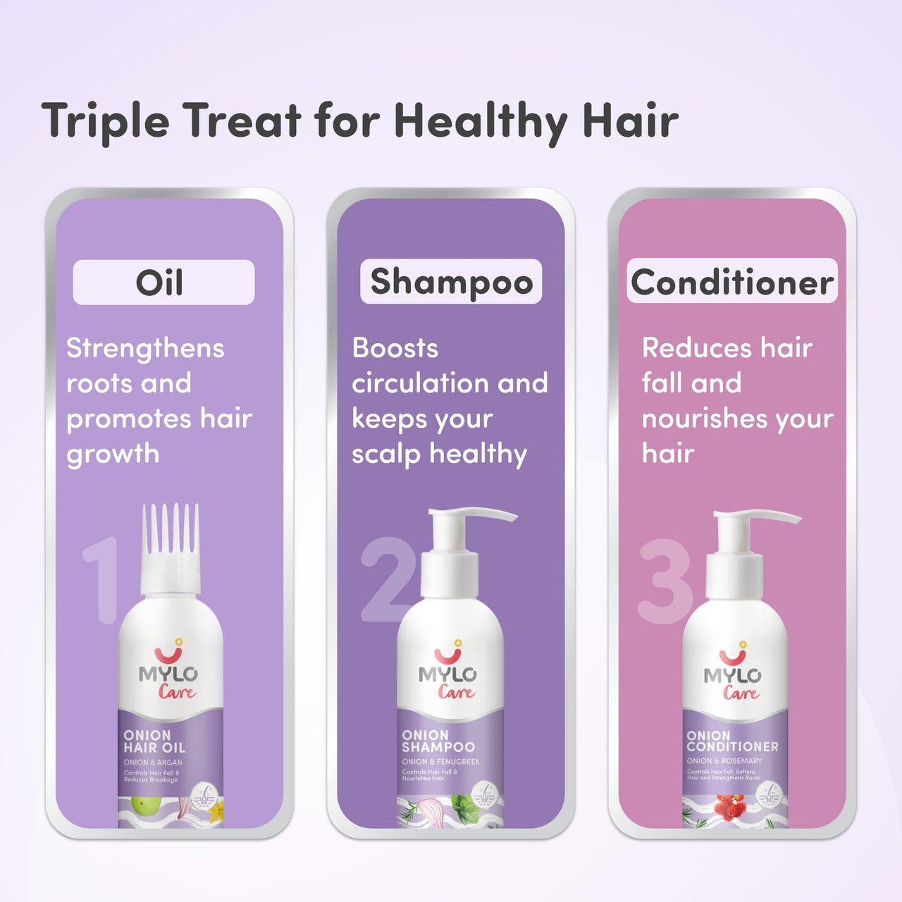 Mylo Anti Hairfall Onion Care Kit - Reduces Hair Fall | Improves Scalp Health - Oil (200 ml), Shampoo (200 ml) & Conditioner (200 ml)