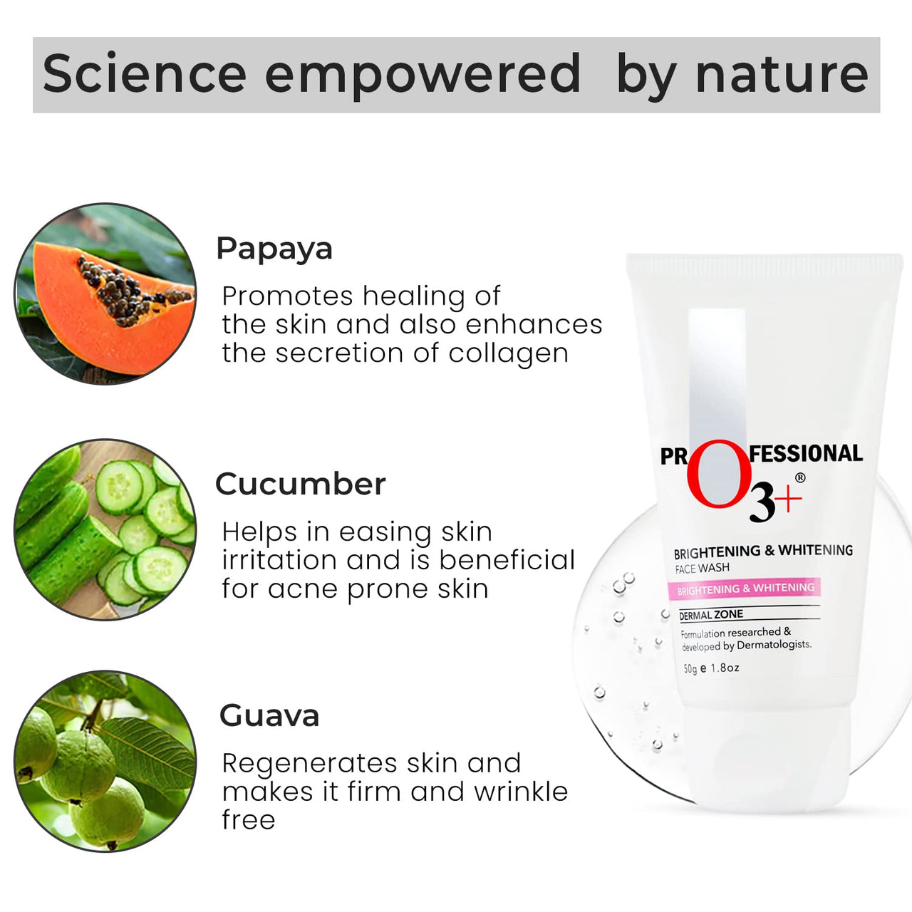O3+ Brightening & Whitening Face Wash 50g with Cucumber & Aloe Vera Extract for Men and Women - Provides Smoother, Brighter and Even Toned Complexion | All Skin Types