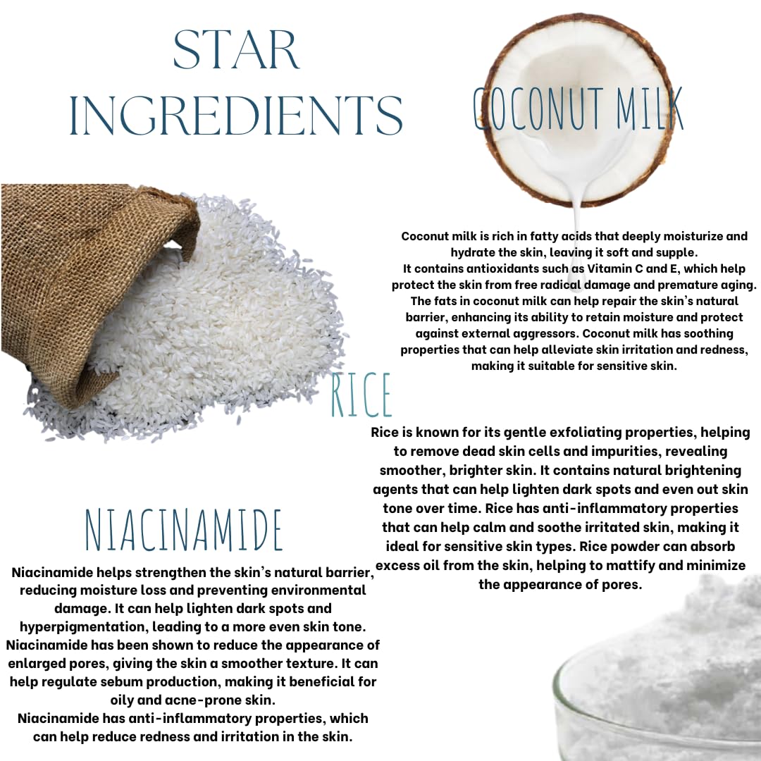 EcoBerry Rice Coconut Milk Face Wash Powder | Talc Free, Hypoallergenic, Sensitive Skin 100% Pure, Organic | Natural | Alcohol Free | Preservative Free | Chemical Free | Vegan, 30g