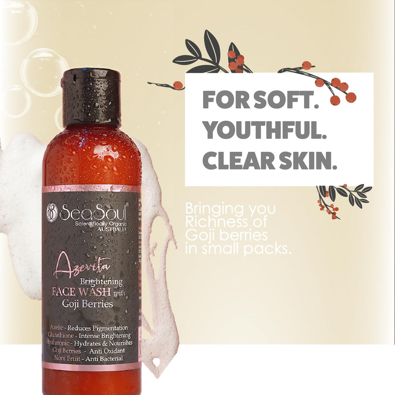 SEA SOUL Brightening Face Wash - 100ml | Deep Cleansing Facial Cleanser with Glutathione, Hyaluronic Acid, Goji Berries | Removes Makeup, Dirt, Excess Oil | For Glowing Skin, All Skin Types