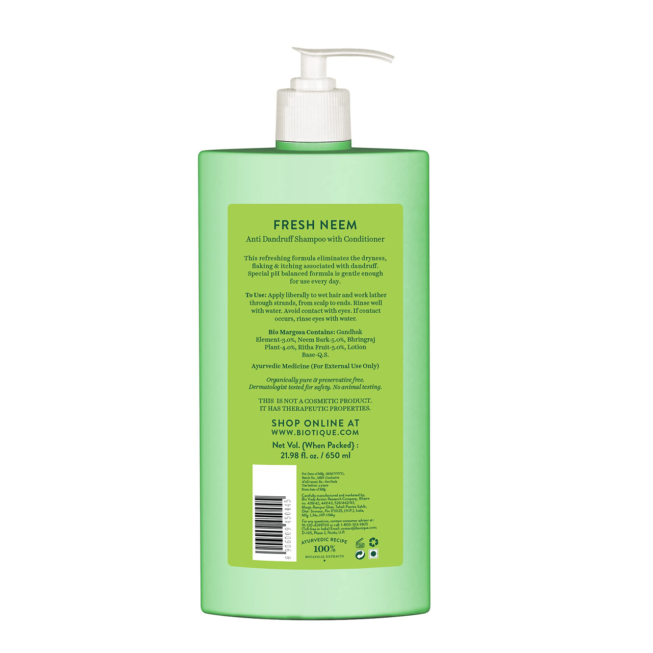 Biotique Fresh Neem Anti Dandruff Shampoo and Conditioner | Controls Dandruff | Eliminates Dryness, Flaking, and Itching | Hair Looks Fresh and Lustrous |Suitable for All Skin Types | 650ml