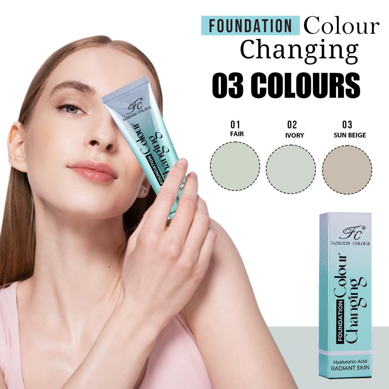 Fashion Colour Color Changing Foundation-40g | Infused With Hyaluronic Acid | Radiant Skin | Flawless Color Changing Foundation With Satin Finish, Makeup Base, Long Lasting Waterproof Liquid Foundation For Face Makeup (SUN BEIGE, 40g)