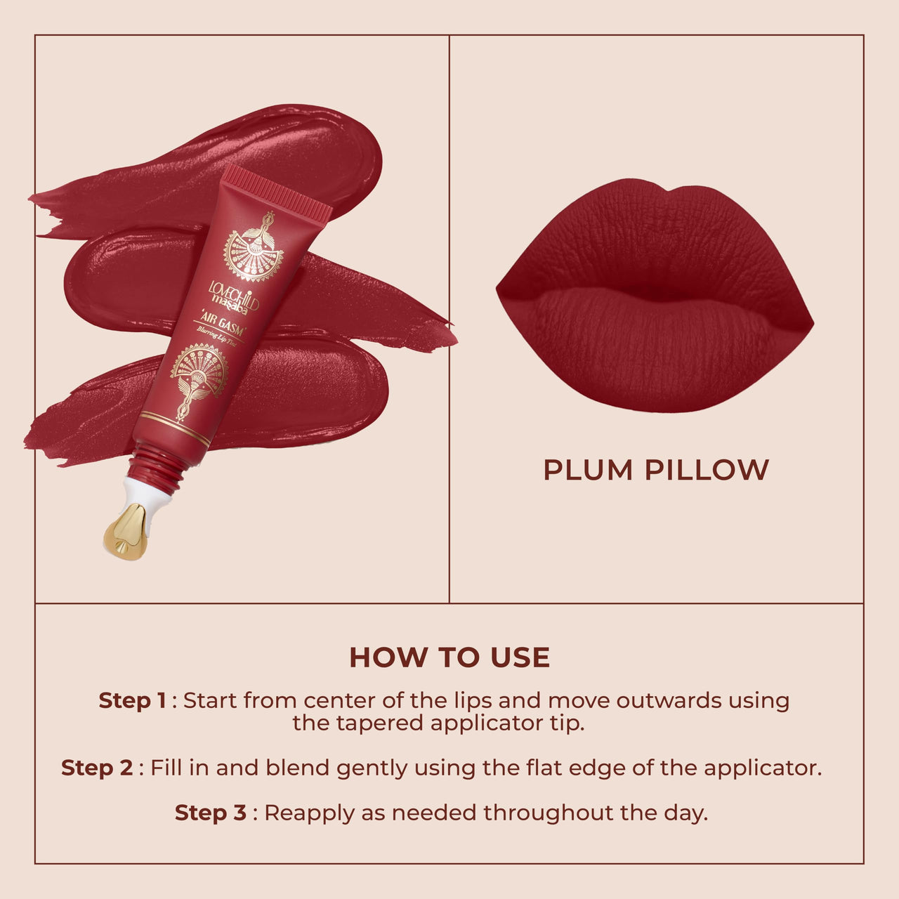 LoveChild Masaba Blurring Lip Tint, Plum Pillow (Maroon), Lightweight, Velvety Matte Finish, Hydrating Lip Color with Hyaluronic Acid, Squalane & Shea Butter, For All Indian Skin Tones, 8ml