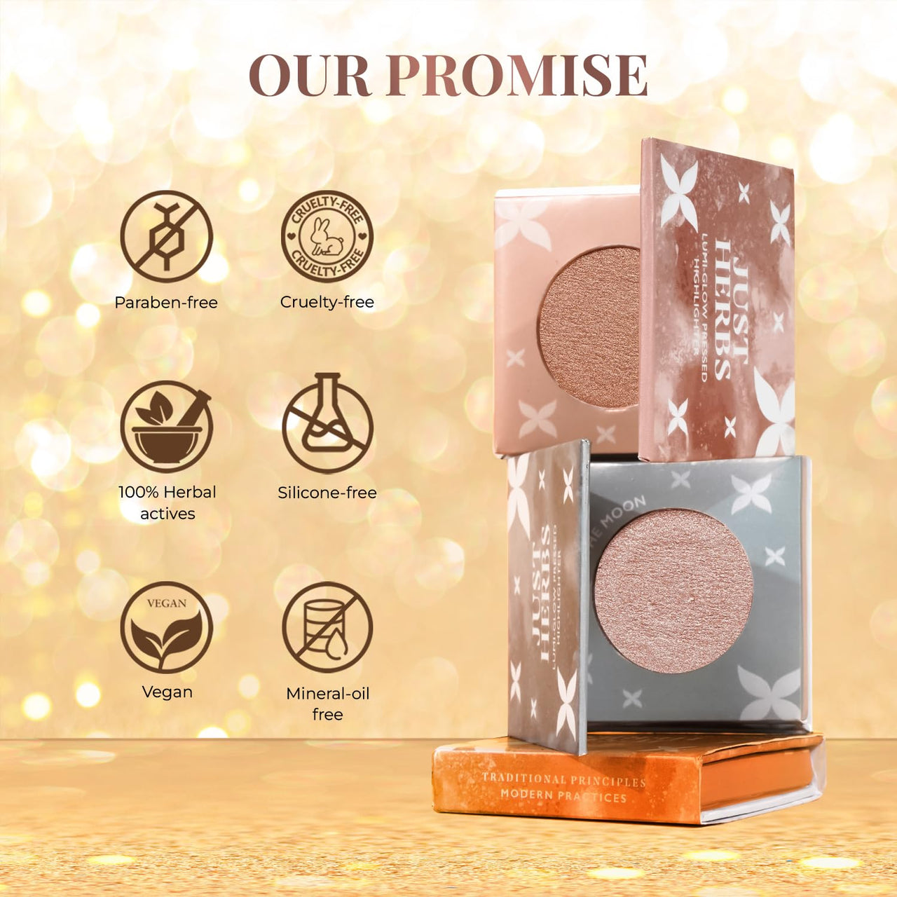 Just Herbs Lumi Glow Pressed Highlighter for Face Makeup Shea Butter + Vitamin C, 3.5 g (The Sun)