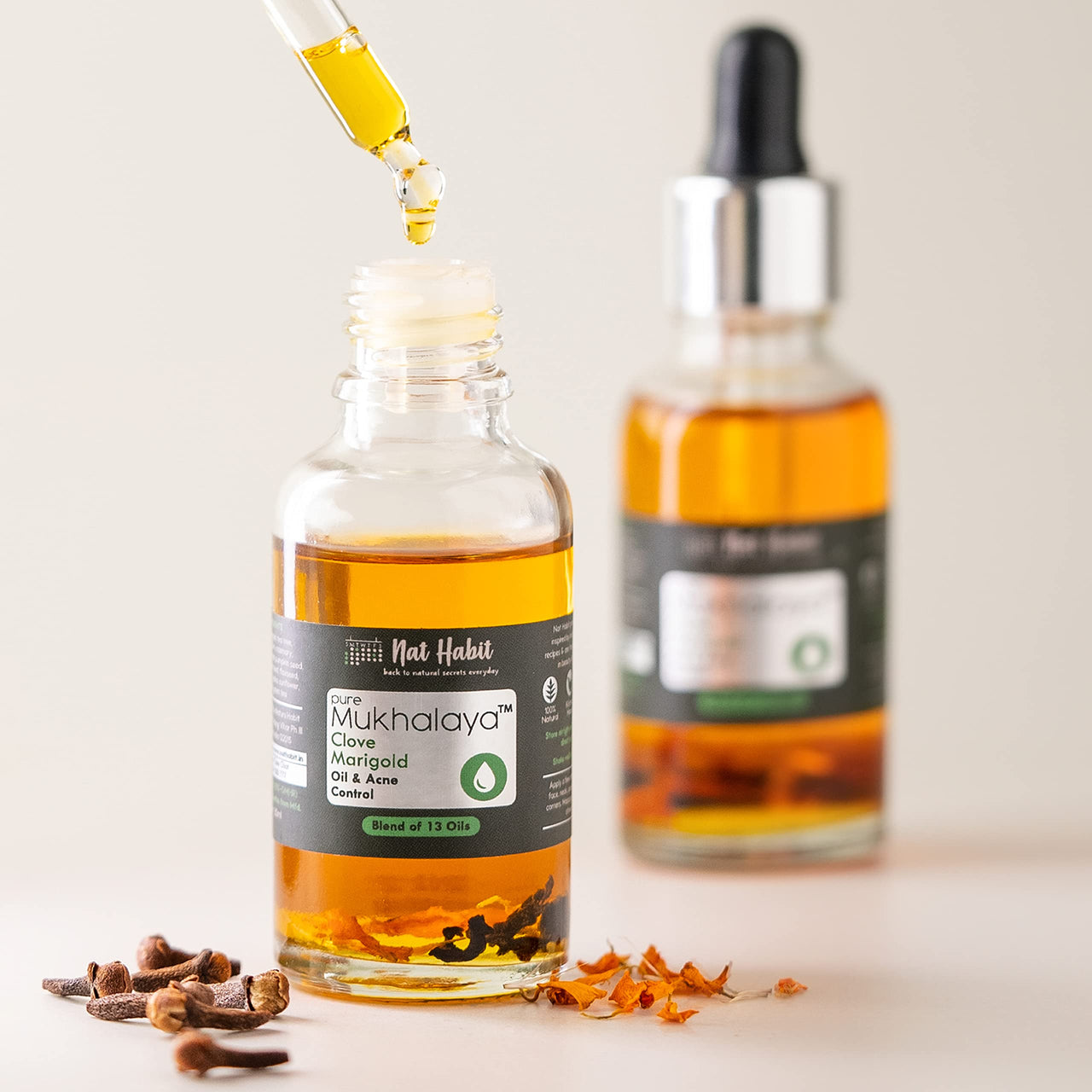 Nat Habit Clove Marigold Mukhalaya, Face Oil For Acne Control, with Blend of 13 Cold Pressed Oils For Natural Oily Skin Condition & Balance Sebum Secretion, No Mineral Oil or Chemical (30ml)