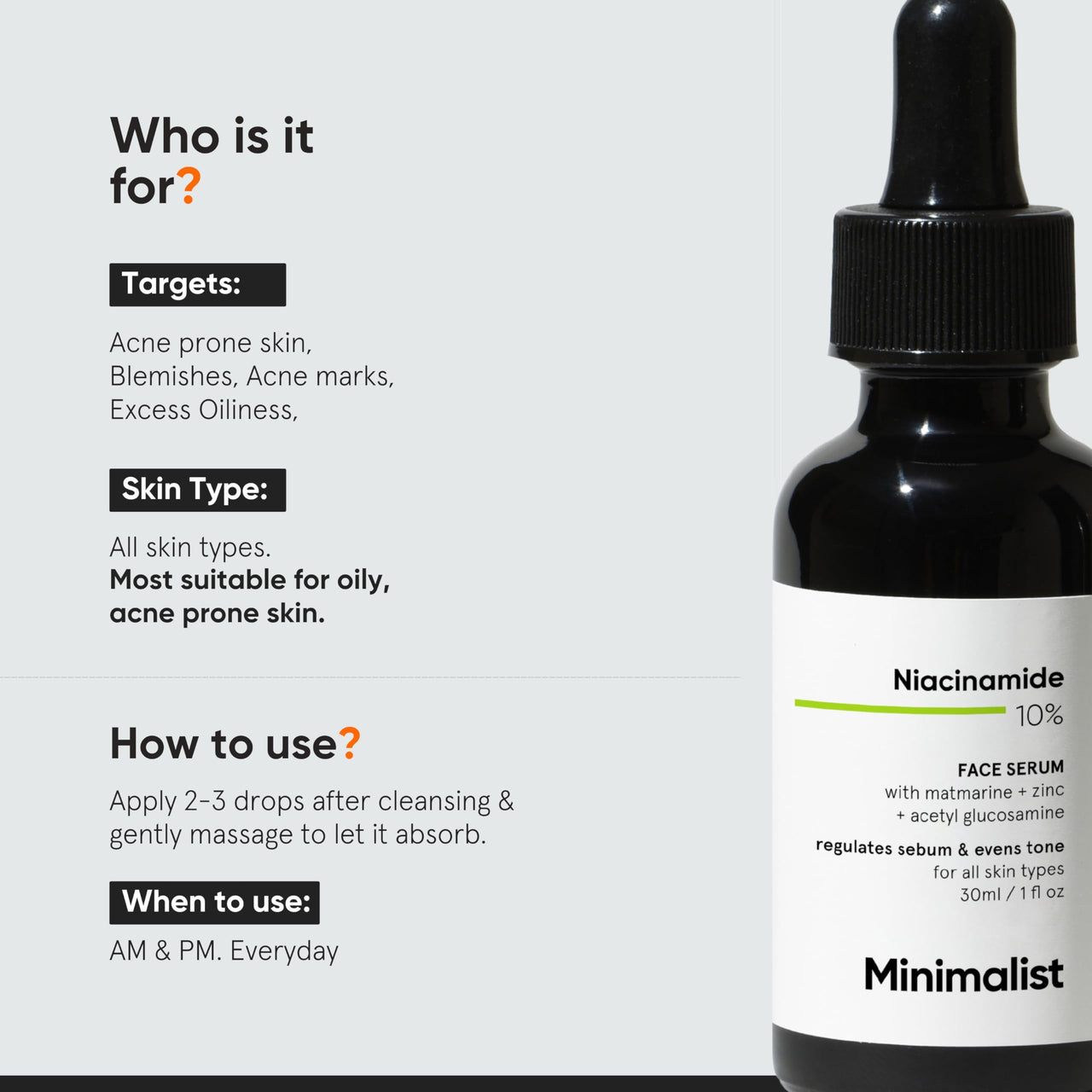 Minimalist Oil Control & Anti-Acne 10% Niacinamide Face Serum with Zinc | Skin Clarifying,Blemishes & Pore Care for All Skin Types | 60ml (Pack of 1)