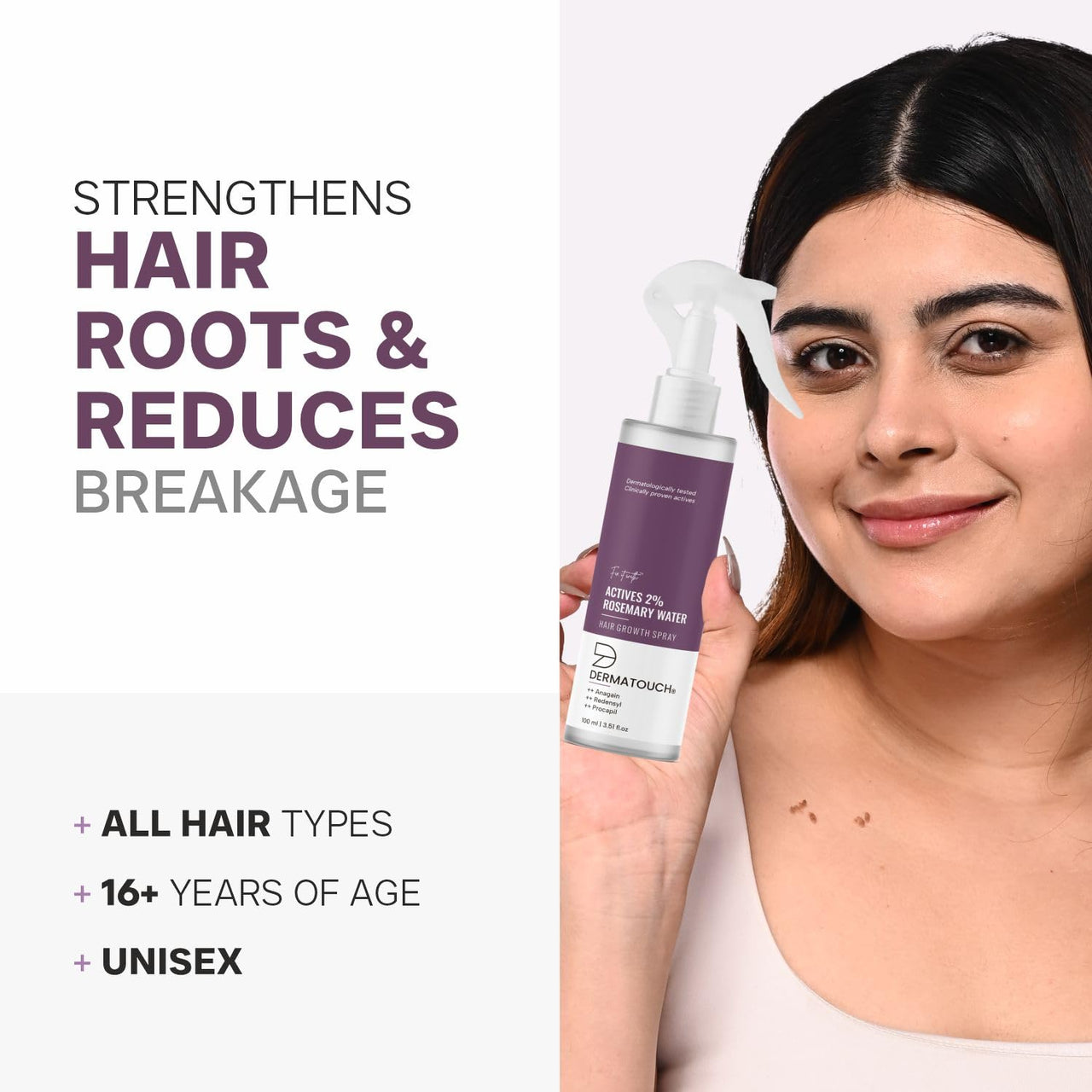DERMATOUCH Rosemary Water Spray For Hair Growth (100 ml) | Advance 2% Actives Rosemary, Redensyl, Anagain + Procapil Hair Spray Mist for Hair Fall Control, Stimulates Hair Growth, Adds Shine , Strengthens Hair
