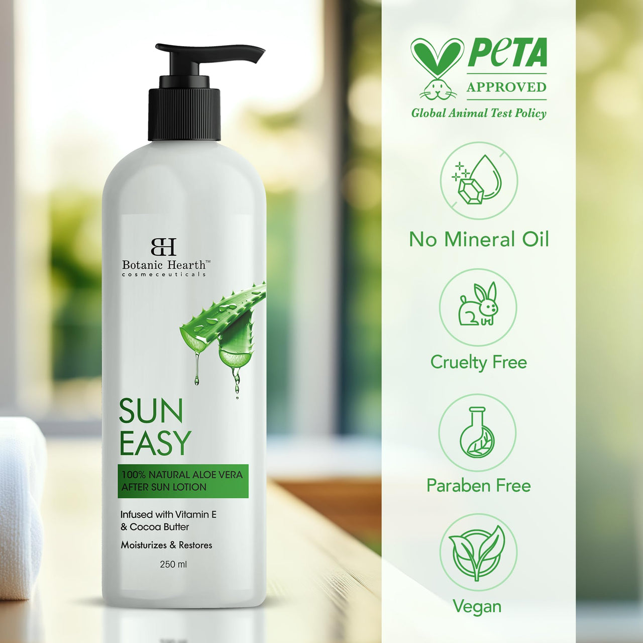 Botanic Hearth Sun Easy 100% Natural Aloe Vera After Sun Lotion, 250 ml - Soothing & Hydrating Sunburn Relief, Non-Greasy Formula Men & Women