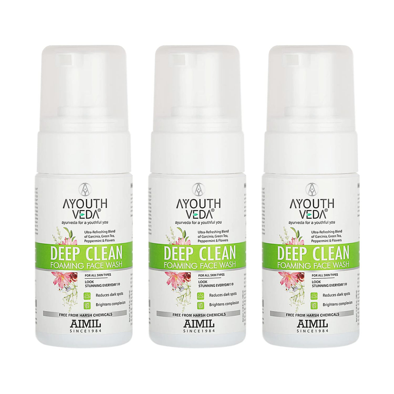 Ayouthveda Deep Clean Foaming Wash |Reduces Pigmentation, Combats Dark Spots| Refreshing Blend of Indian Madder, Garcinia & Pomegranate | Everyday Face Wash for Men & Women (Pack of 3;100ml each)