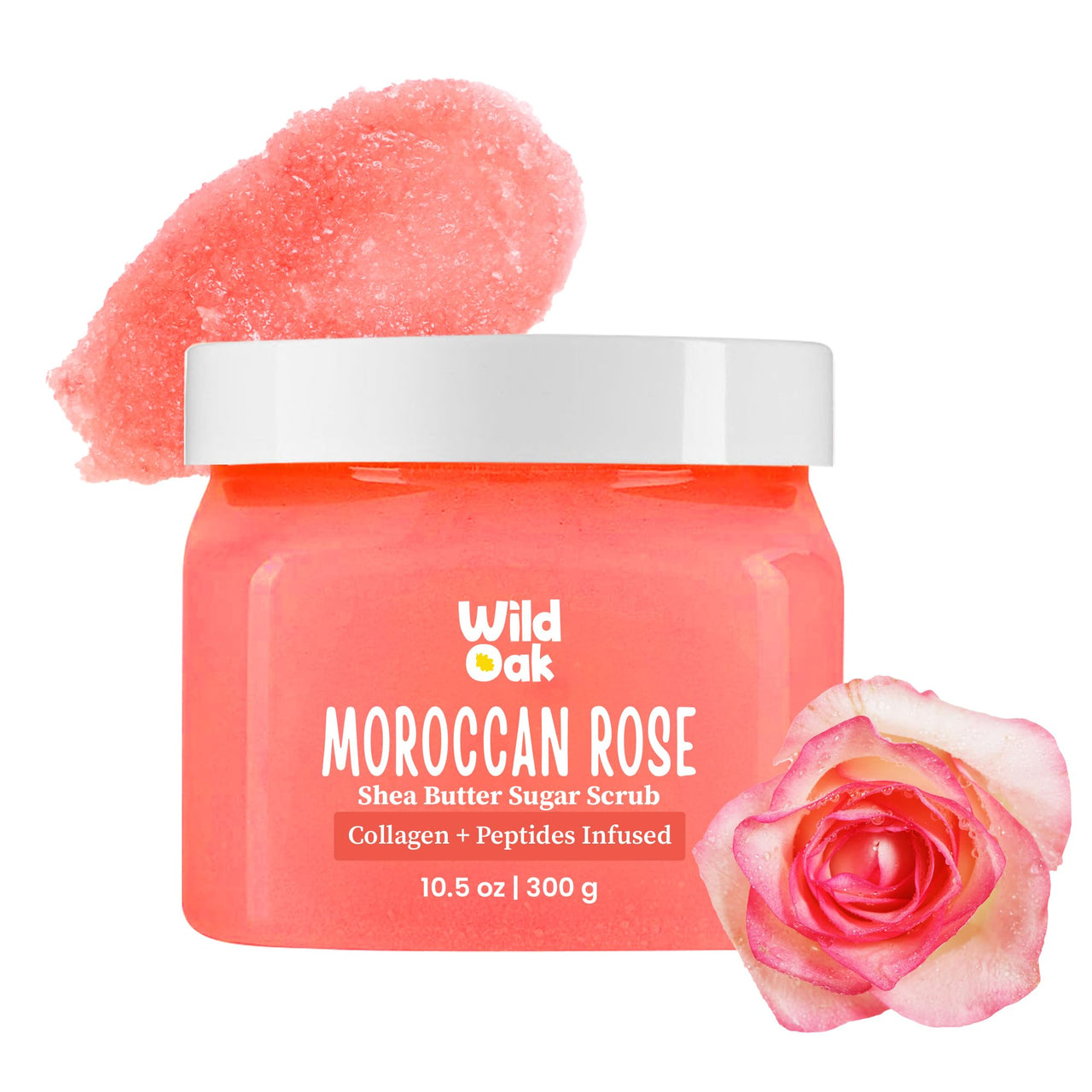 WildOak Moroccan Rose Sugar Body Scrub | 300g | Kojic Acid, Hyaluronic Acid, Ceramides, Collagen & Peptides | De-Tan & Brightens Dark Areas | Smooths Strawberry Legs & Arms | Hydrates & Exfoliates