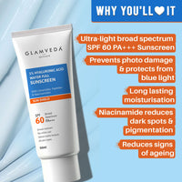 Glamveda Ultra-Light SPF 60 PA+++ Sunscreen 50 ml | Water-Full Hydration with 1% Hyaluronic Acid, Ceramides, Peptides & Niacinamide | Broad Spectrum | Anti-Aging, No White Cast, All Skin Types