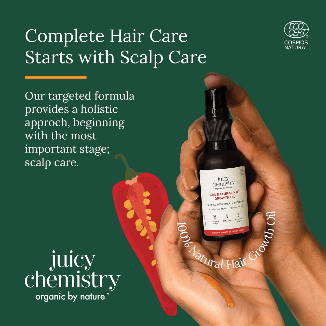 Juicy Chemistry Chilli, Horsetail & Blackseed, 100 ml | Enriched with Rosemary Oil & Kalonji Oil to Control Hair Fall | Clinically Proven with Natural DHT Blockers for Men & Women | For Healthy Hair, Scalp Nourishment & Hair Growth | Dermatologically Test
