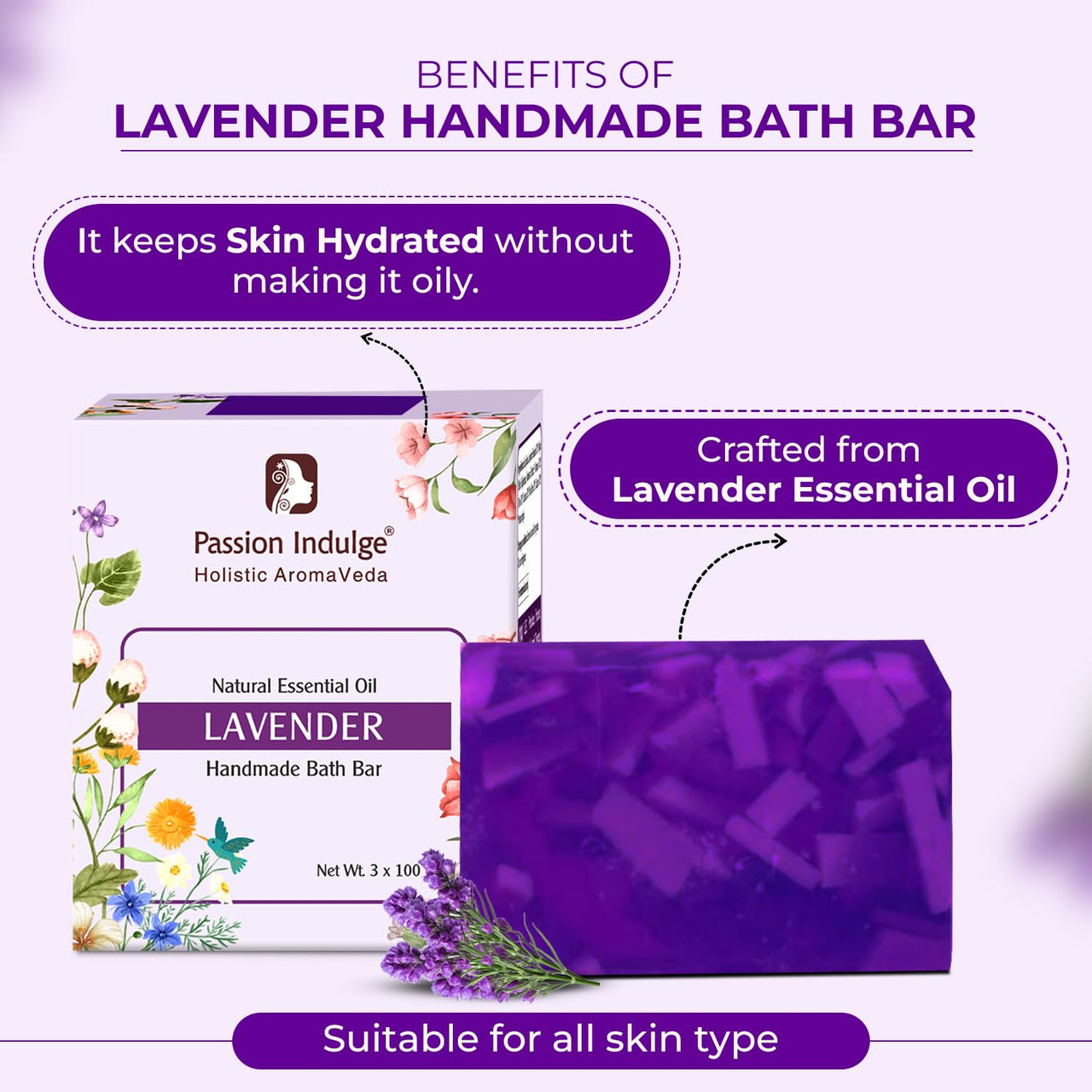 Passion Indulge Lavender Handmade Soap -PACK OF 3 (Each 100 gm), Natural Essential Oil Nourishing Bath Soap | Deep Cleansing | Bath soap for all type skin