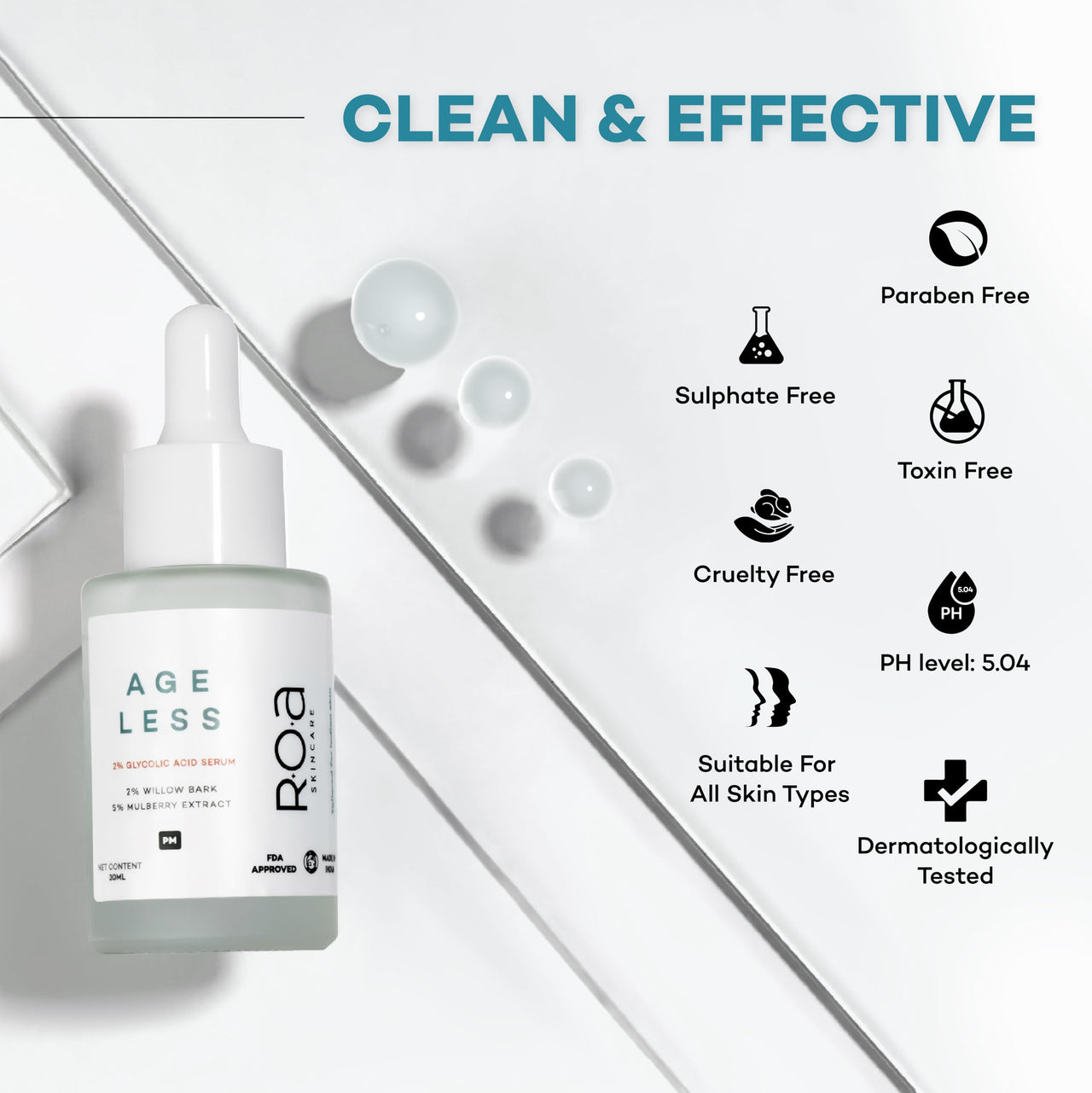 R.O.A Skincare AGELESS | 2% Glycolic Acid & 2% Salicylic Acid Serum | 5% Mulberry Extract | Youthful Bouncy skin | Anti-Aging & Exfoliating Treatment | 30 ML