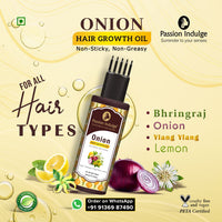 Passion Indulge Onion & Bhringraj Hair Growth Oil | Non Sticky & Non Greasy | Natural & Vegan | Bhringraj, Ylang Ylang, Onion, Lemon Oil Extract | All Hair Type -100ml