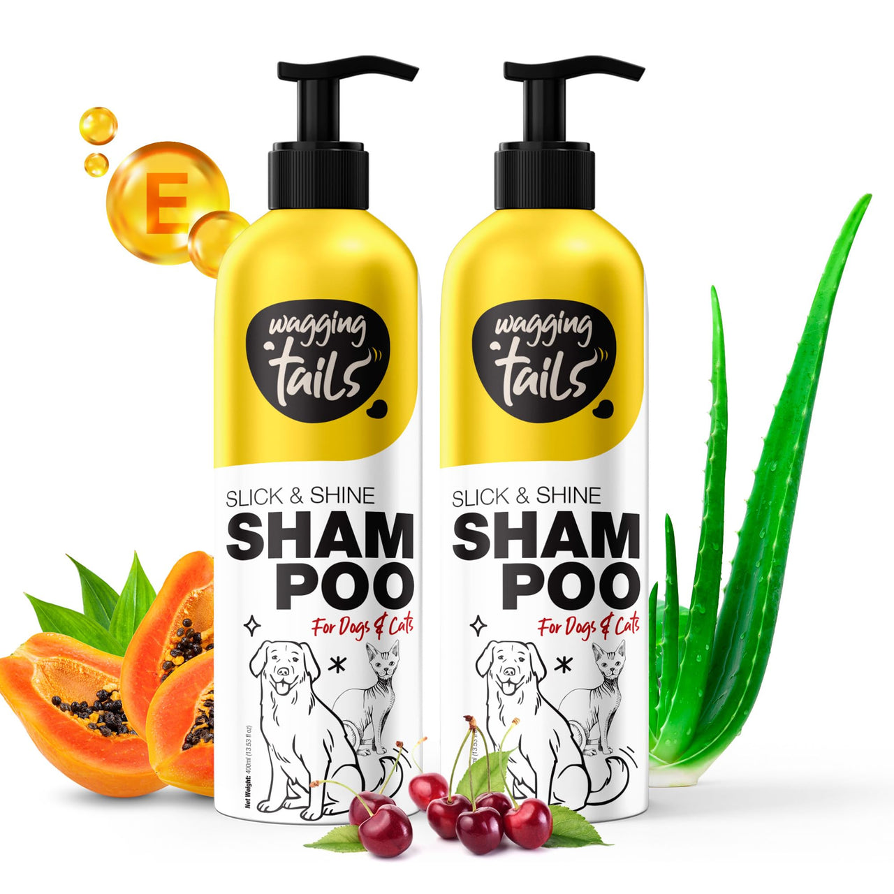 Wagging Tails Slick & Shine 5-in-1 Pet Shampoo-400ml-Pack of 2 | Deodorize & Moisturise the Skin | Remove Dirt | Help to Repair Damaged Hair | Anti-Itching & Anti-Dandruff Cleanser-All Breed Dog & Cat