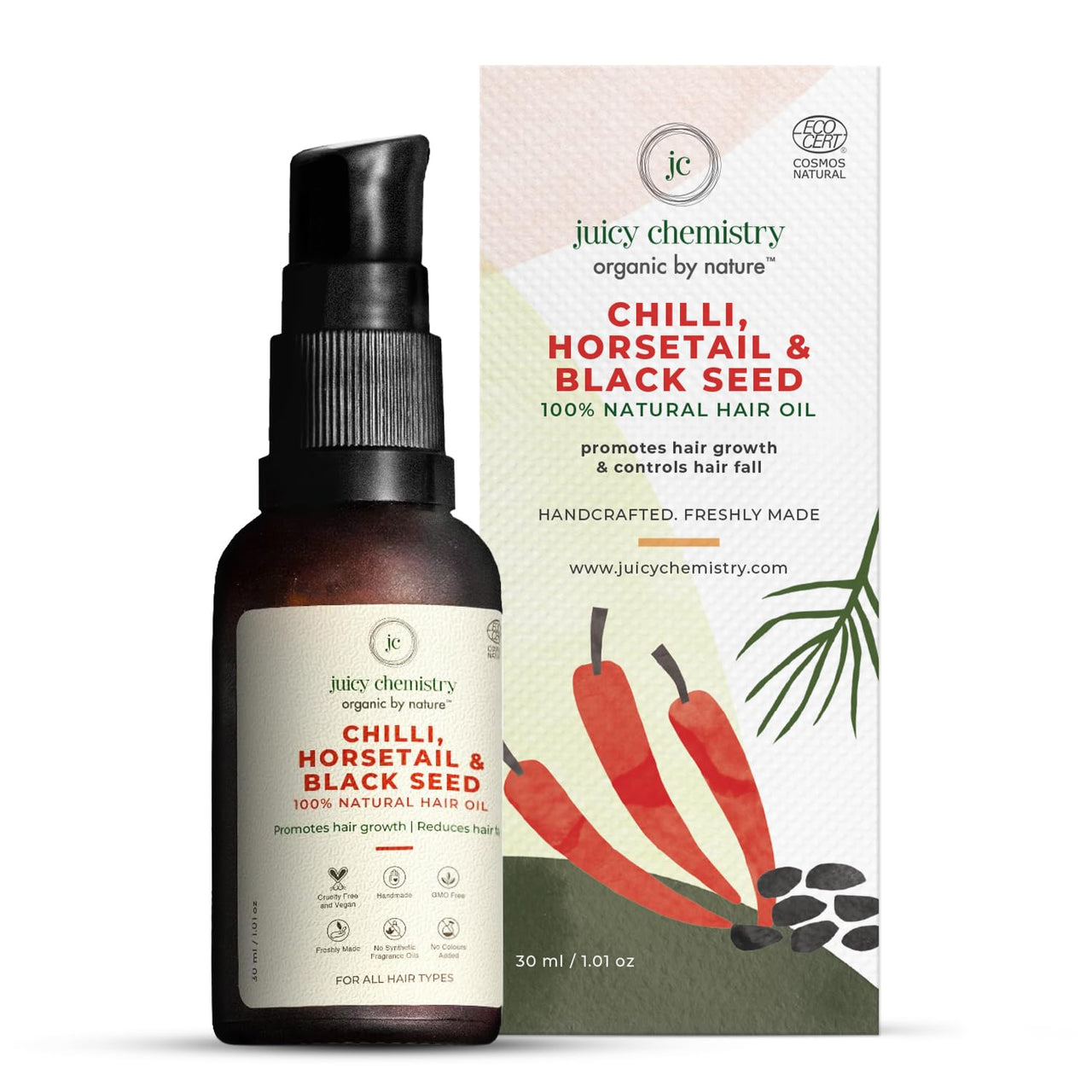 Juicy Chemistry Chilli, Horsetail & Blackseed Hair Growth Oil, 30 ml | Enriched with Rosemary Oil & Kalonji Oil to Control Hair Fall | Clinically Proven Hair Growth Oil with Natural DHT Blockers for Men & Women | For Healthy Hair, Scalp Nourishment & Hair