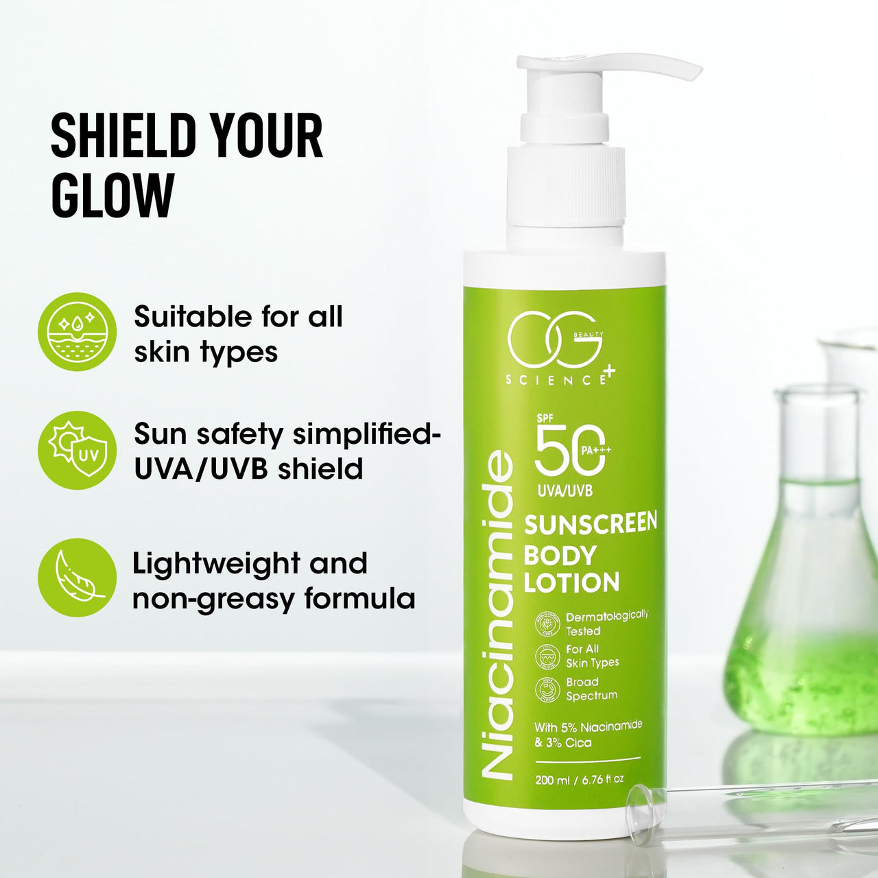 OG BEAUTY SCIENCE SPF 50 PA+++ Sunscreen Body Lotion with Niacinamide & Cica - Dermatologically Tested - Broad Spectrum 200 ML