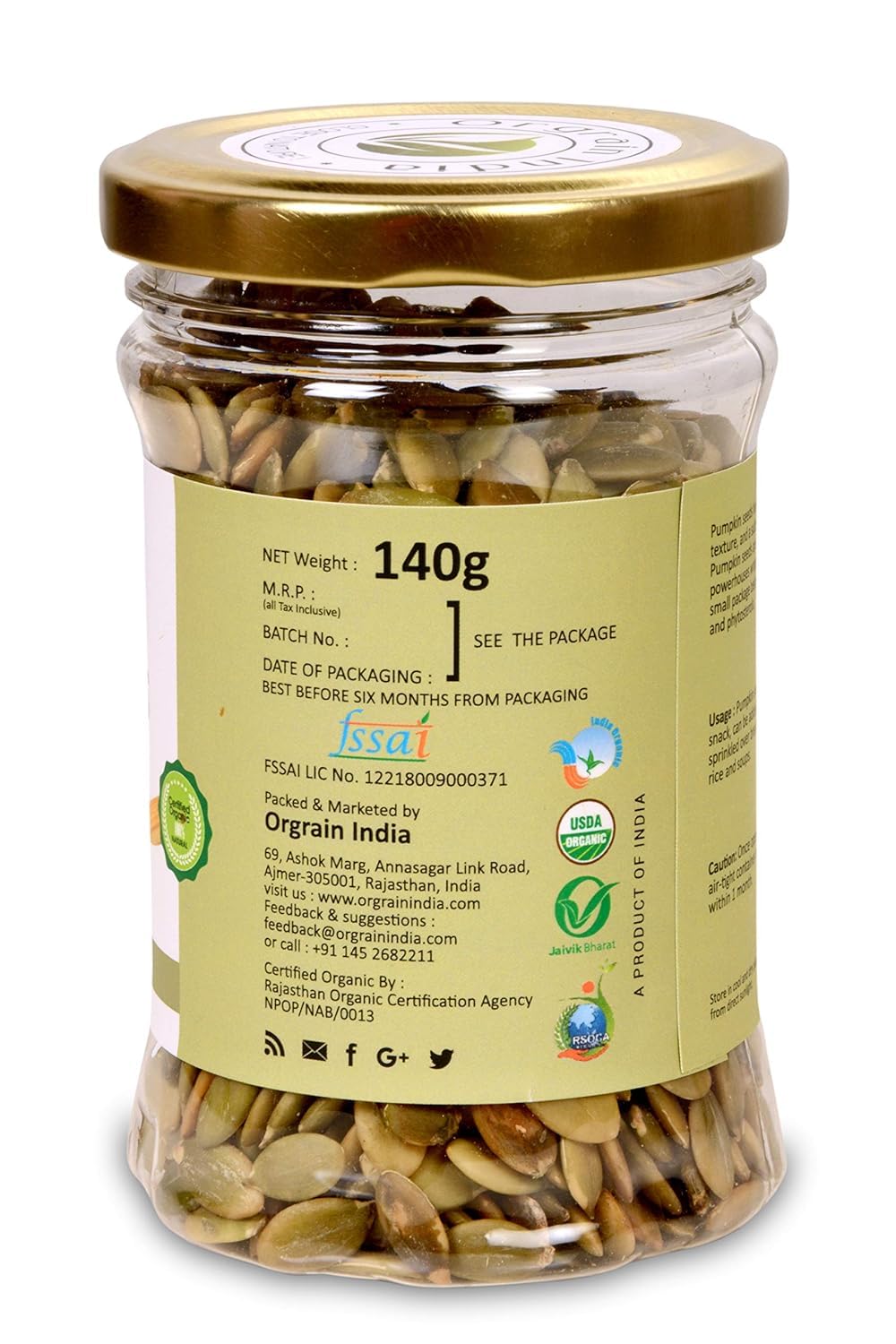 Orgrain India Certified Organic Pumpkin Seeds (Pack of 2)