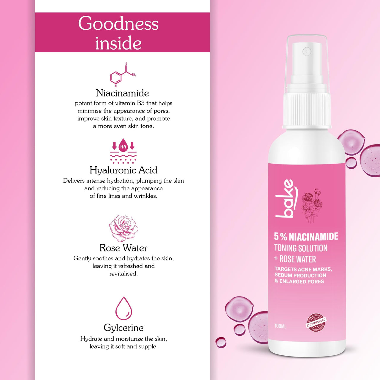 BAKE 5% Niacinamide Toner For Combination & Oily Skin | Targets Acne Marks, Oil Production & Enlarged Pores for Glowing Skin | Alcohol Free Toner for Women & Men | 100ml (Unscented)