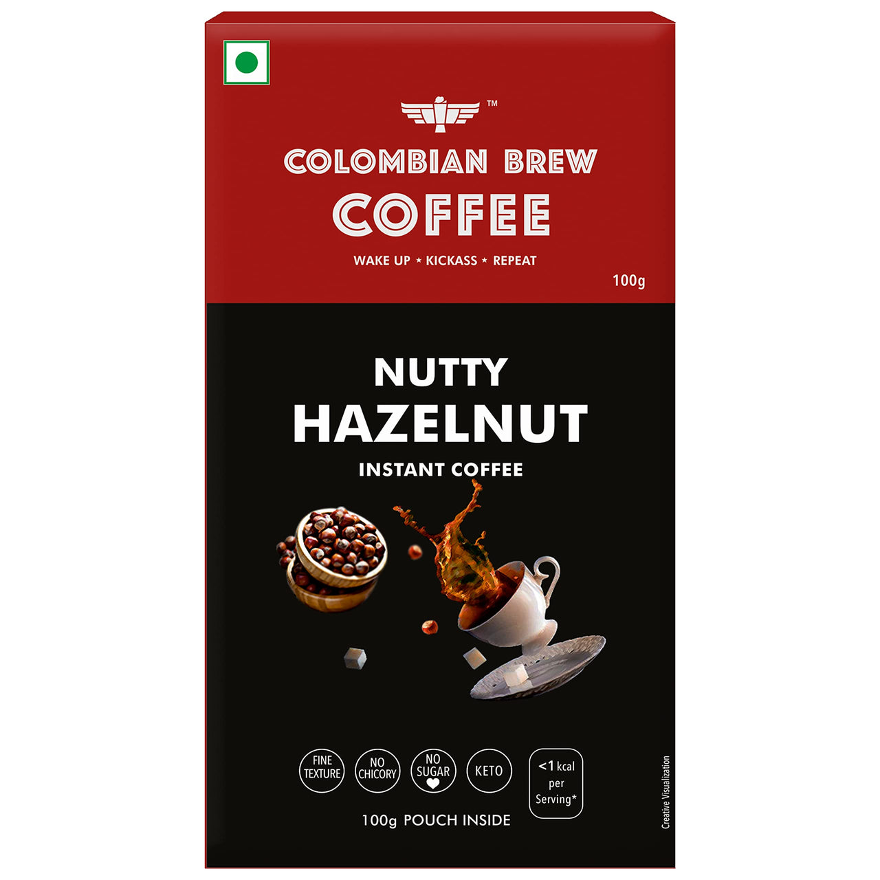 COLOMBIAN BREW COFFEE Hazelnut Instant Coffee Powder, No Sugar Vegan, 100gram, Box