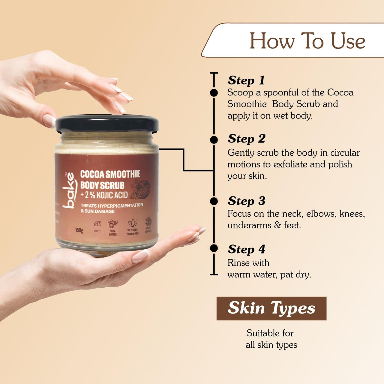 BAKE 2% Kojic Acid Coffee Smoothie Body Scrub For Pigmentation & Strawberry Skin | Tan Removal, Skin Exfoliation & Whitening | For Dark Knees, Elbows & Neck | 150g