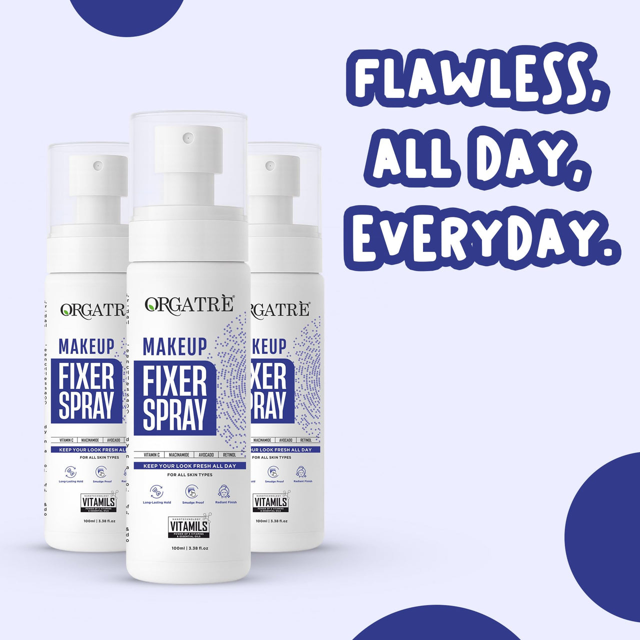 Orgatre Makeup Fixer Spray Waterproof | Long-Lasting for Face | Smudge-Proof Hydrating Finish | With Vitamin C & Niacinamide | Glow After Makeup | For All Skin Types | 100ml
