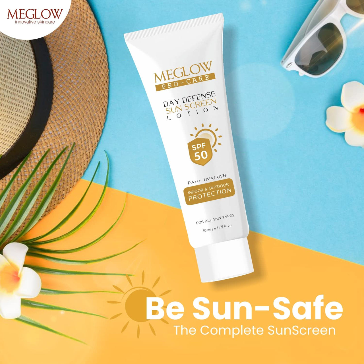 Meglow Pro-Care SPF 50 PA+++ Sunscreen Lotion for Face & Body (50ml) – Broad Spectrum UVA/UVB Protection & Blue Light Defense, Intense Hydration for All Skin Types