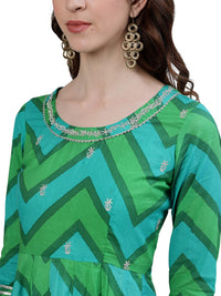ishin Women's  Cotton Green Embroidered Anarkali Kurta Set with Dupatta