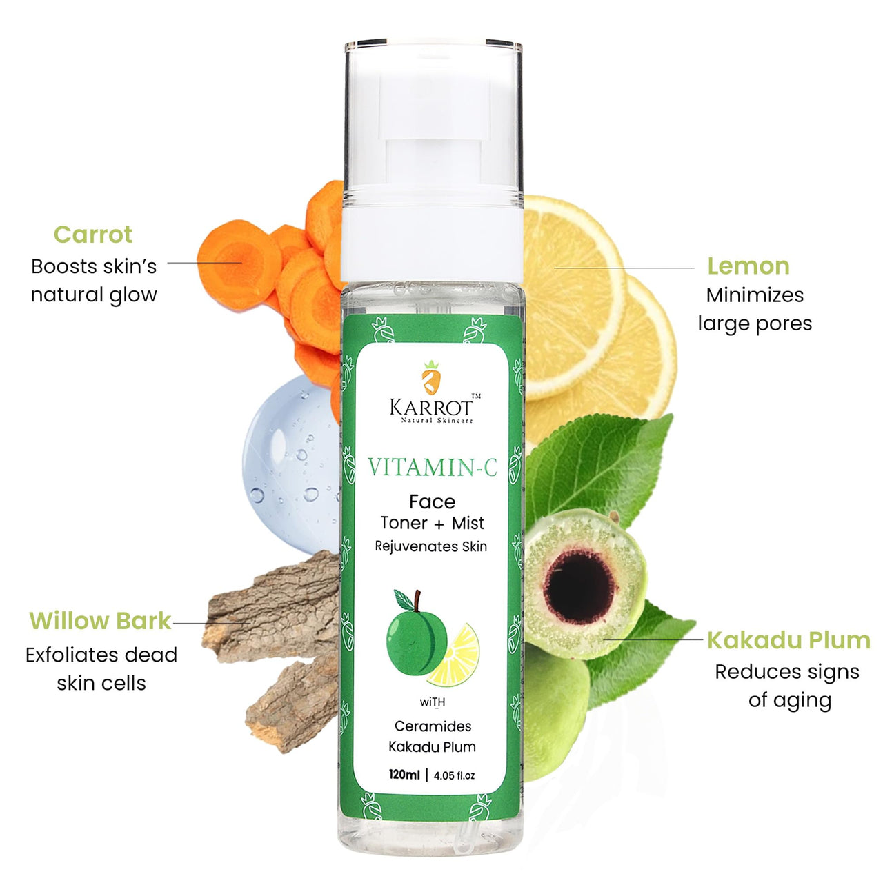 Karrot Natural Skincare Vitamin C Toner for Glowing Skin, Rejuvenating Spray Mist, Evens Tone and Tightens Pores, Blend of Kakadu Plum and Carrot Seed Oil, For Women and Men, All Skin Types, 120ml
