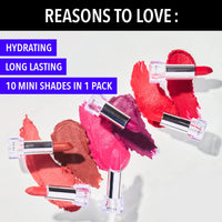 Blue Heaven Matte Love Mini Lipsticks pack of 10 | Long Lasting, Hydrating & Moisturizing Mini Roll on Lipsticks for Women | Soft-Matte Finish | 13g