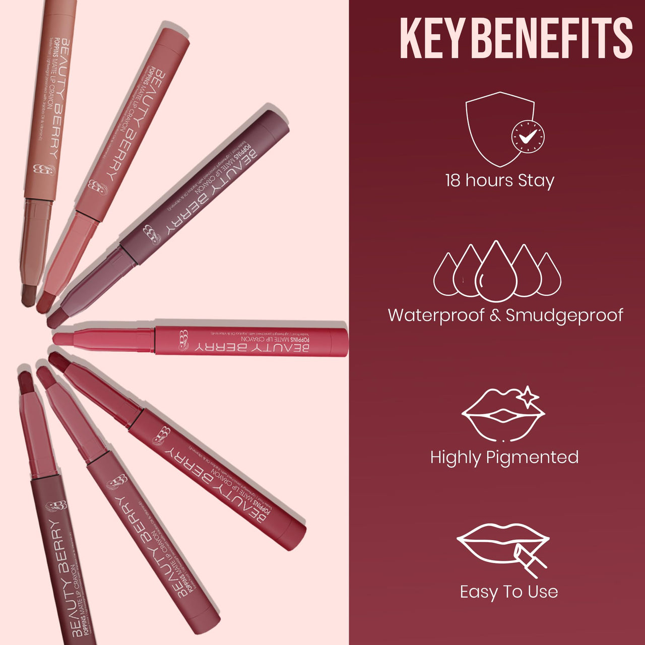 Beauty Berry Poppins Matte Lip Crayon Lipstick for Women | Long Lasting Non Transfer Retractable Lip Crayon | Smudge Proof & Waterproof Lipstick Enriched with Jojoba Oil (13 - Coral Date)