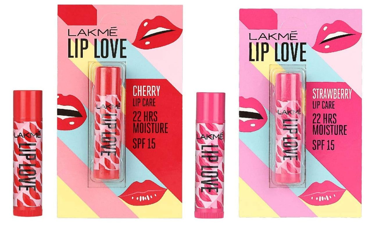 Lakmé Lip Love Chapstick Lip Balm, Spf15, Cherry, 4.5g & Lip Love Chapstick Lip Balm, Strawberry, 4.5g