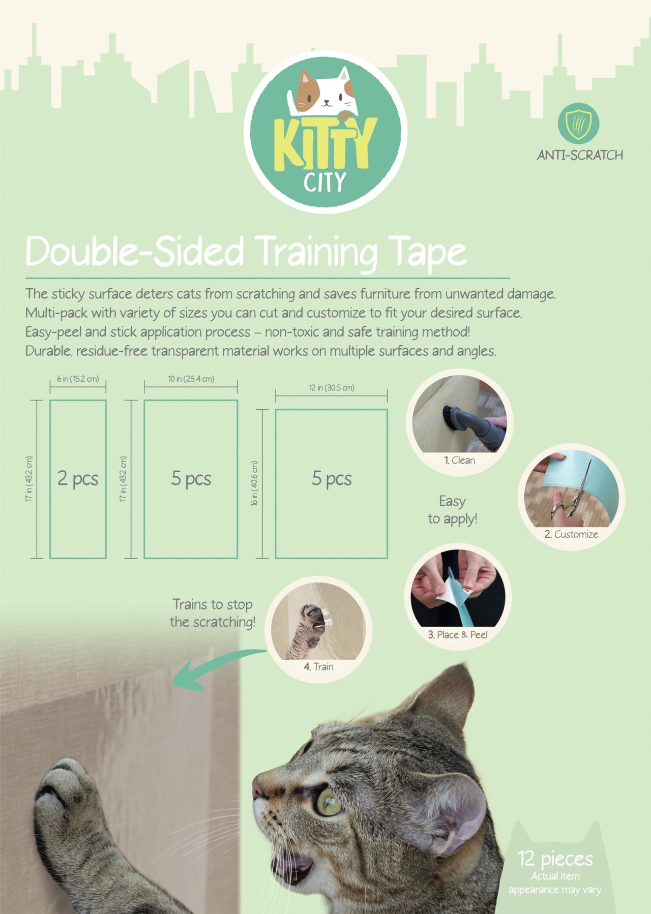 Kitty City XL Wide Corrugate Cat Scratchers 3 Pieces, Cat Scratching, Cat Scratch Pad, Door Clips, Furniture Protectors from Cat Scratching 12-Pack Double Sided Tape Protector