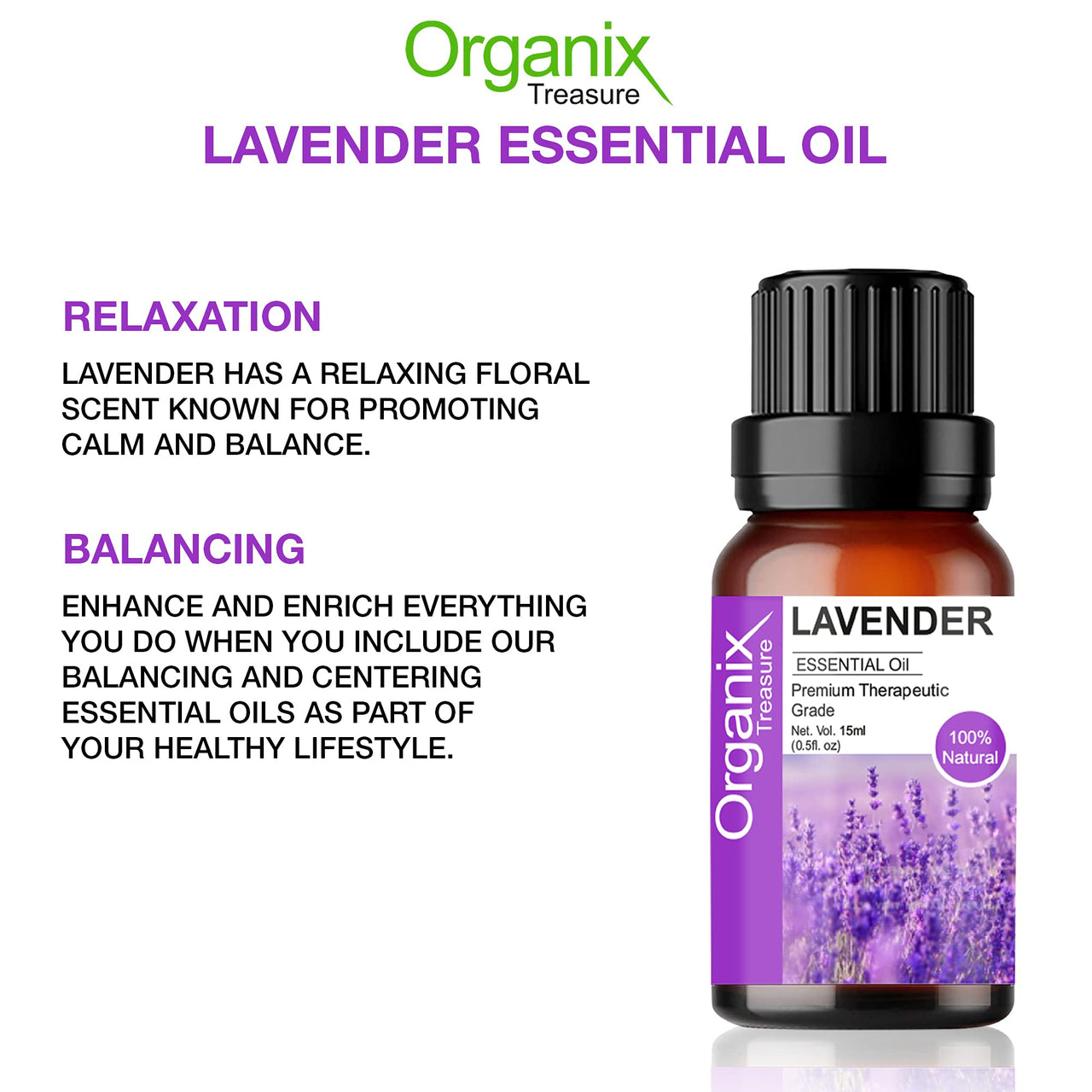 Organix Treasure Lavender Essential Oil for Relaxation, Sleep, Tension Relief, Hair Growth, Skin Care, Fragrance, (15ml)