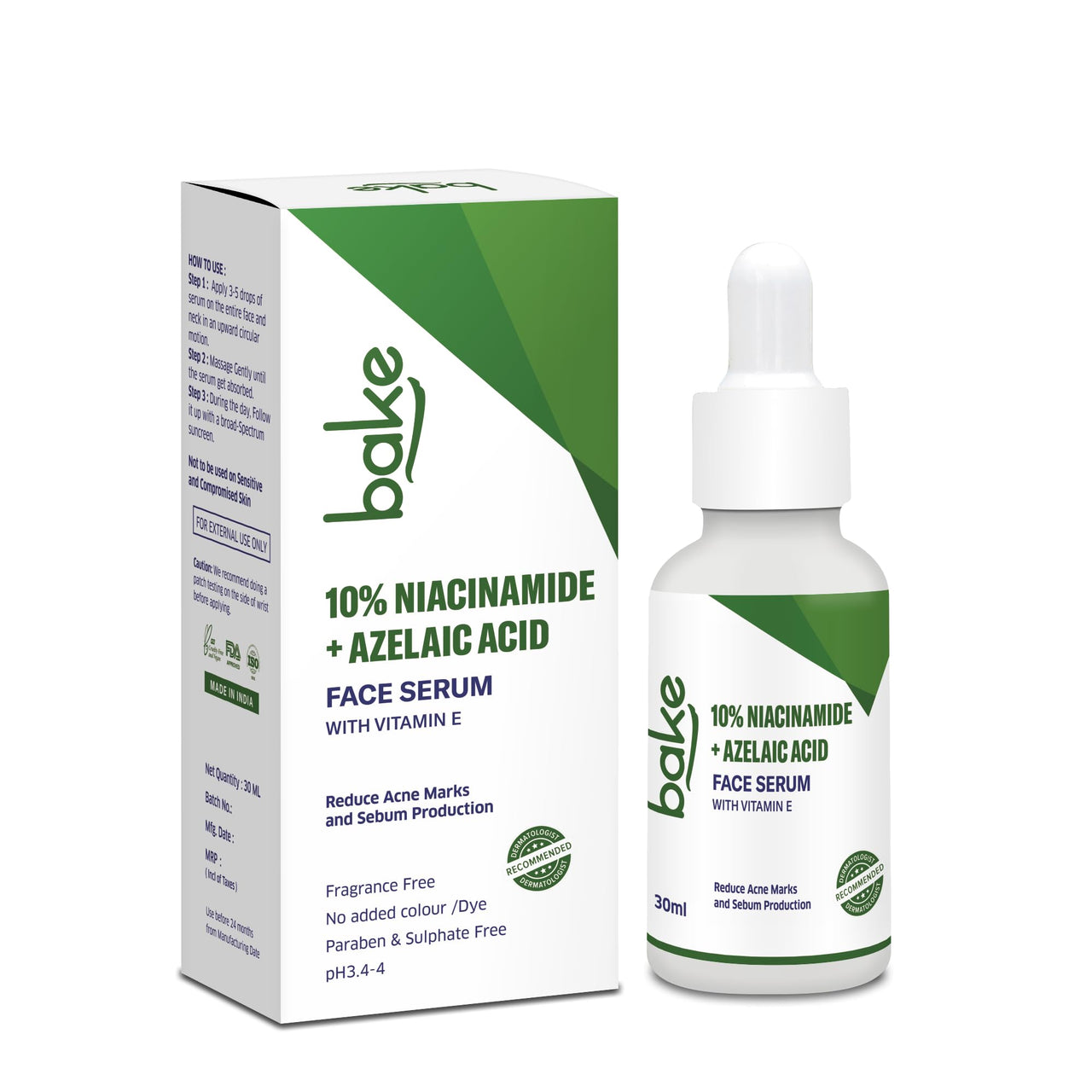 BAKE 10% Niacinamide + Azelaic Acid Face Serum for Acne Marks, Dark Spots & Open Pores | Reduces Active Acne, Blemishes | 30ml