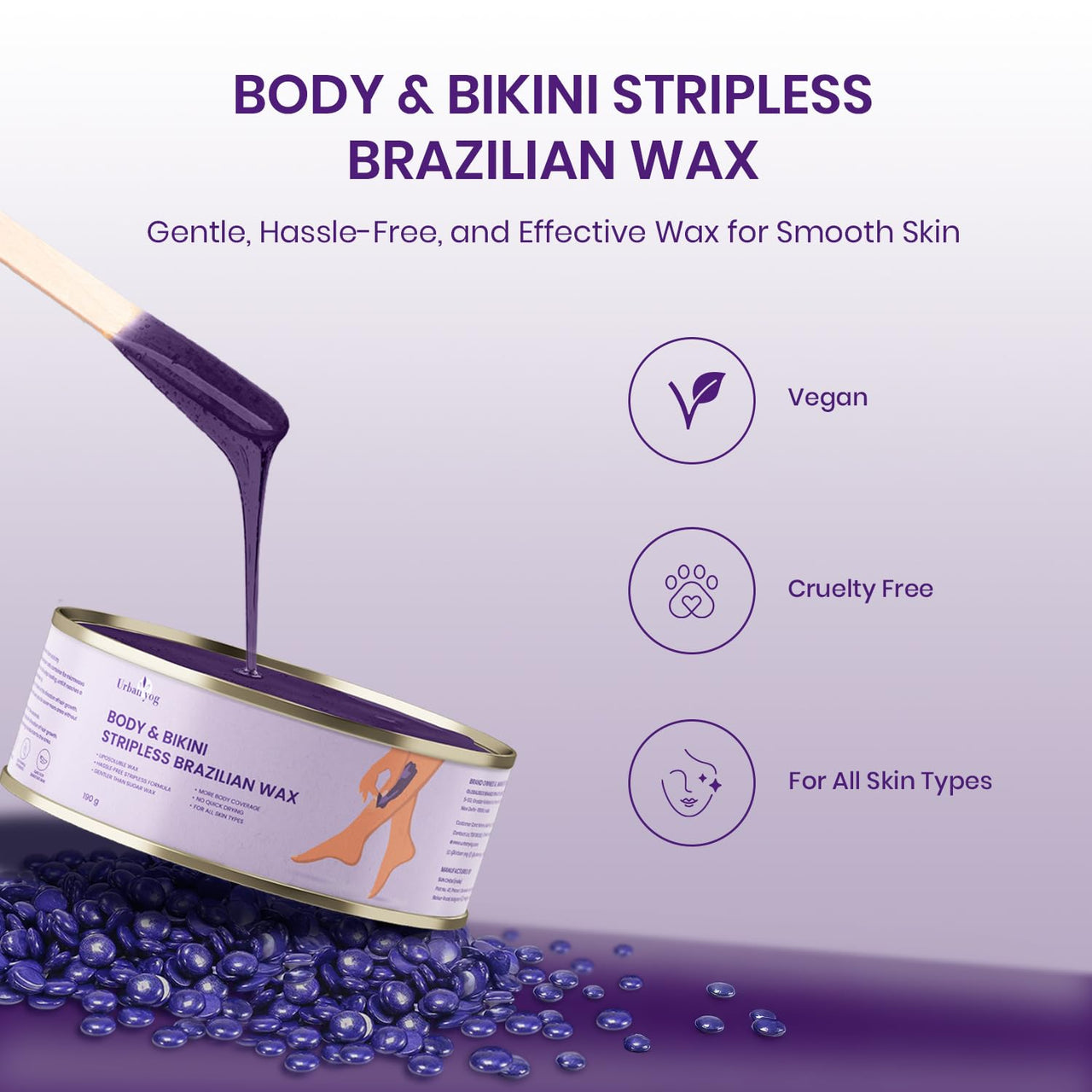 Urban Yog Body and Bikini Stripless Brazilian Wax, Beans Wax, (190 g) | Liposoluble Stripless Wax for Women | Gentle for All Skin Types | No Strips, More Coverage, Smooth Hair Removal