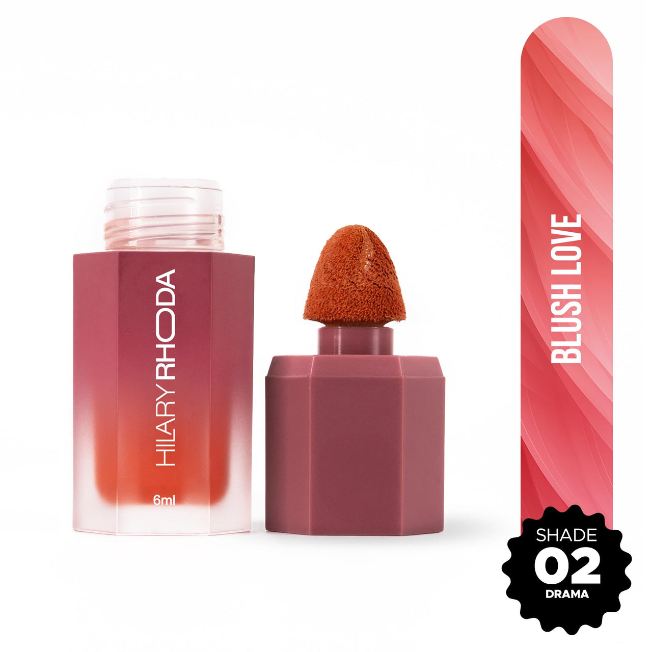 Hilary Rhoda Blush Love | Highly Pigmented Liquid Blush & Super Dewy Finish | Built-in Sponge | All Day Wear & Buildable Formula | Leak-Proof - 6ml (Drama | Shade 02)