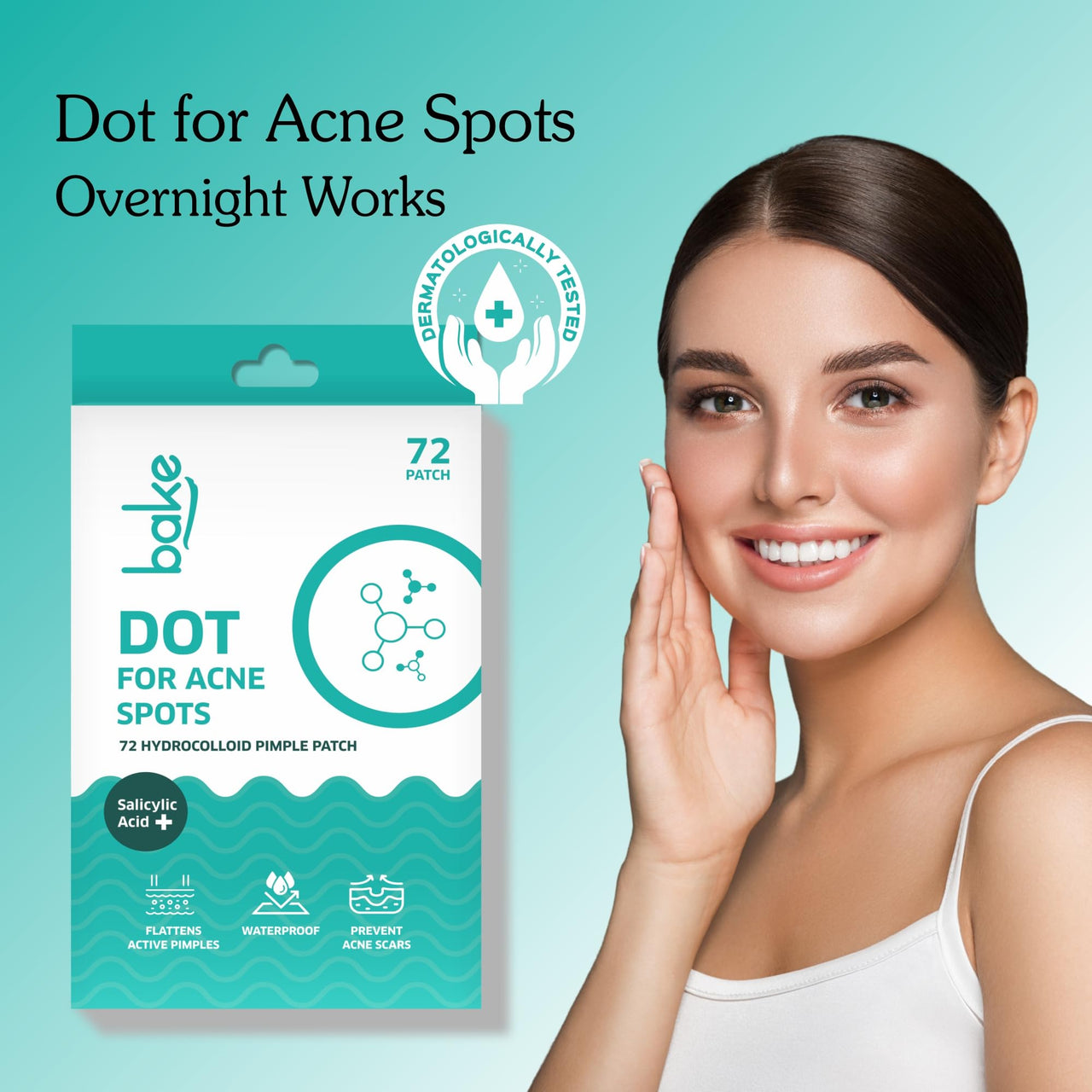 BAKE 2% Salicylic Acid Hydrocolloid Pimple Patches (72 Dots) | Absorbs Oil, Prevents Acne | Waterproof Patches | For Acne, Acne Marks, Acne Prone Skin - 72 Patches