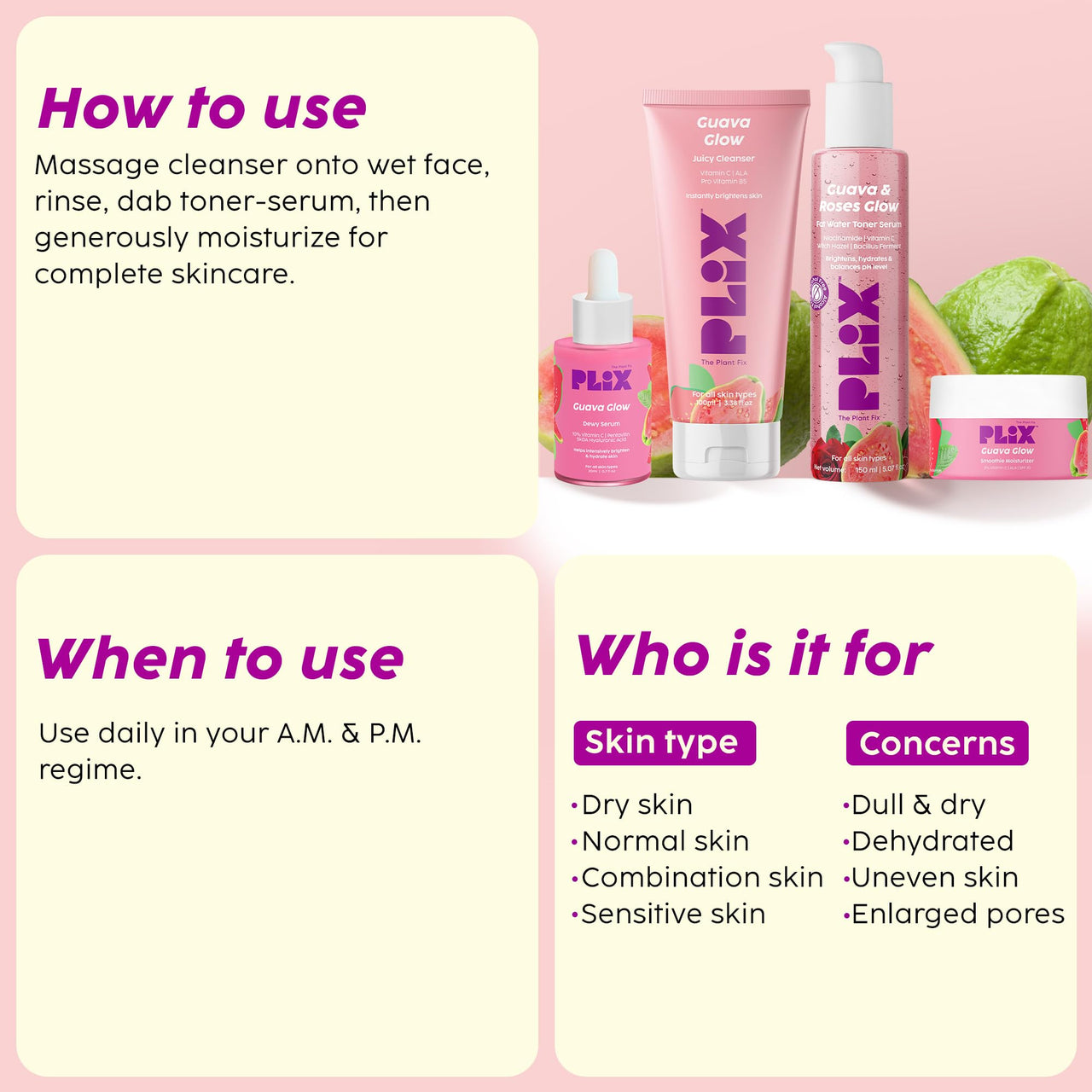 PLIX - THE PLANT FIX Guava & Roses Regime for Bright Skin & Balanced Skin pH| Hydrating Cleanser| 2-in-1 Toner Serum| Vitamin C Serum | Smoothie Moisturizer | For Men & Women| Glowing in 1 Use