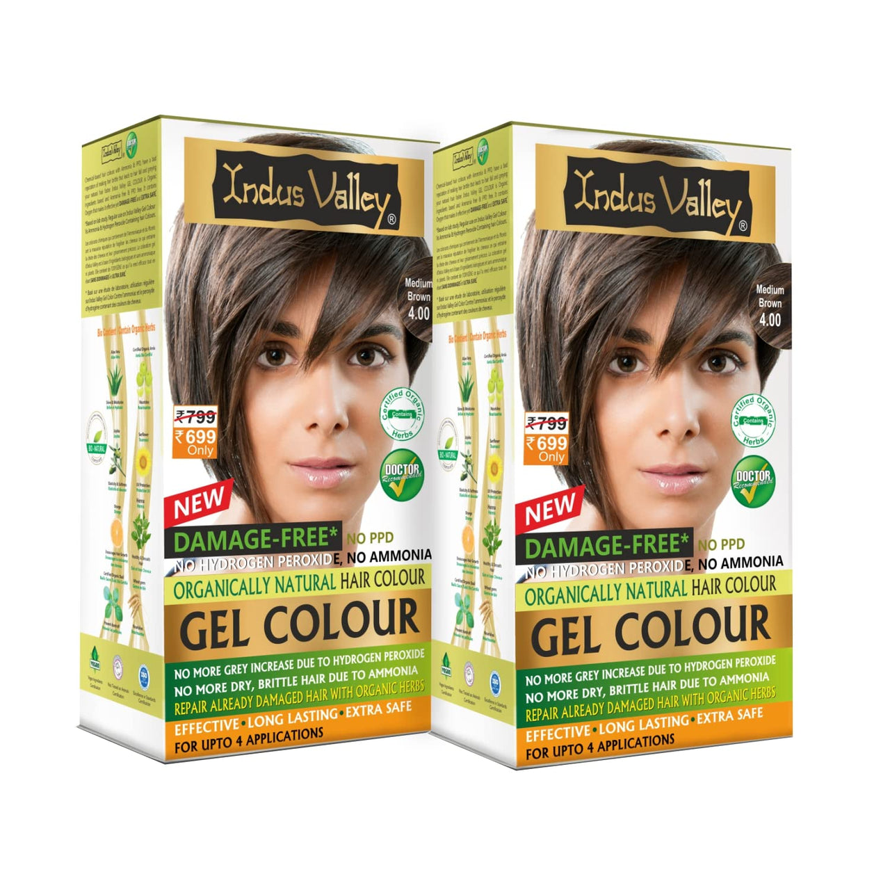 INDUS VALLEY Damage Free Natural Gel Hair Colour for Women | Ammonia & PPD Free Organic Hair Colour with 100% Grey Coverage, Long Lasting Conditioning Hair Color | Medium Brown 4.00 - Pack of 2
