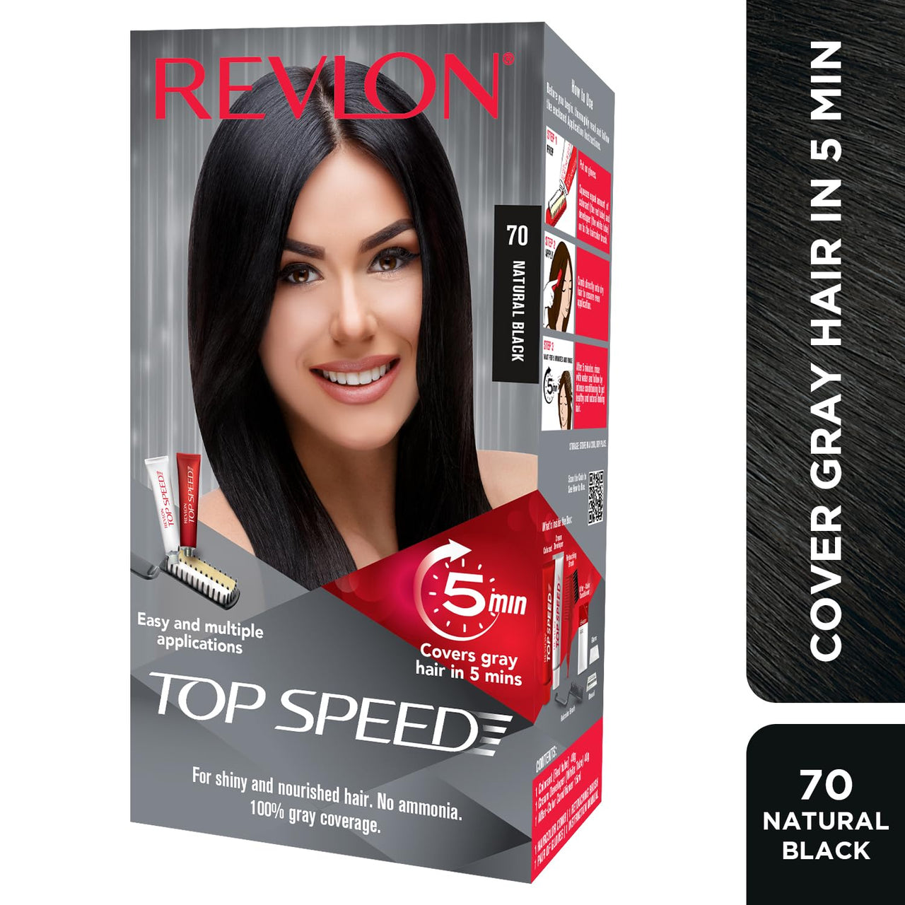 Revlon Top Speed Hair Color for Women Natural Black | Ginseng Root Extract and Mother of Pearl | 100% Grey Coverage in 5 Minutes | Ammonia Free, Easy Application and Intense Conditioning