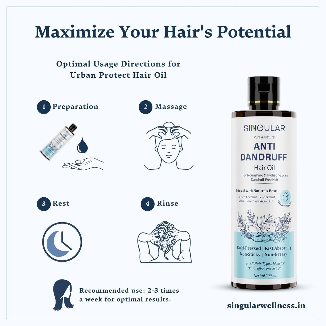 Singular Anti Dandruff Hair Oil for Men & Women - Pure & Natural Cold Pressed Hair oil for Dandruff and Hairfall for Scalp Microbiome Balance with Tea Tree, Peppermint & More Hair Oil - 200 ml
